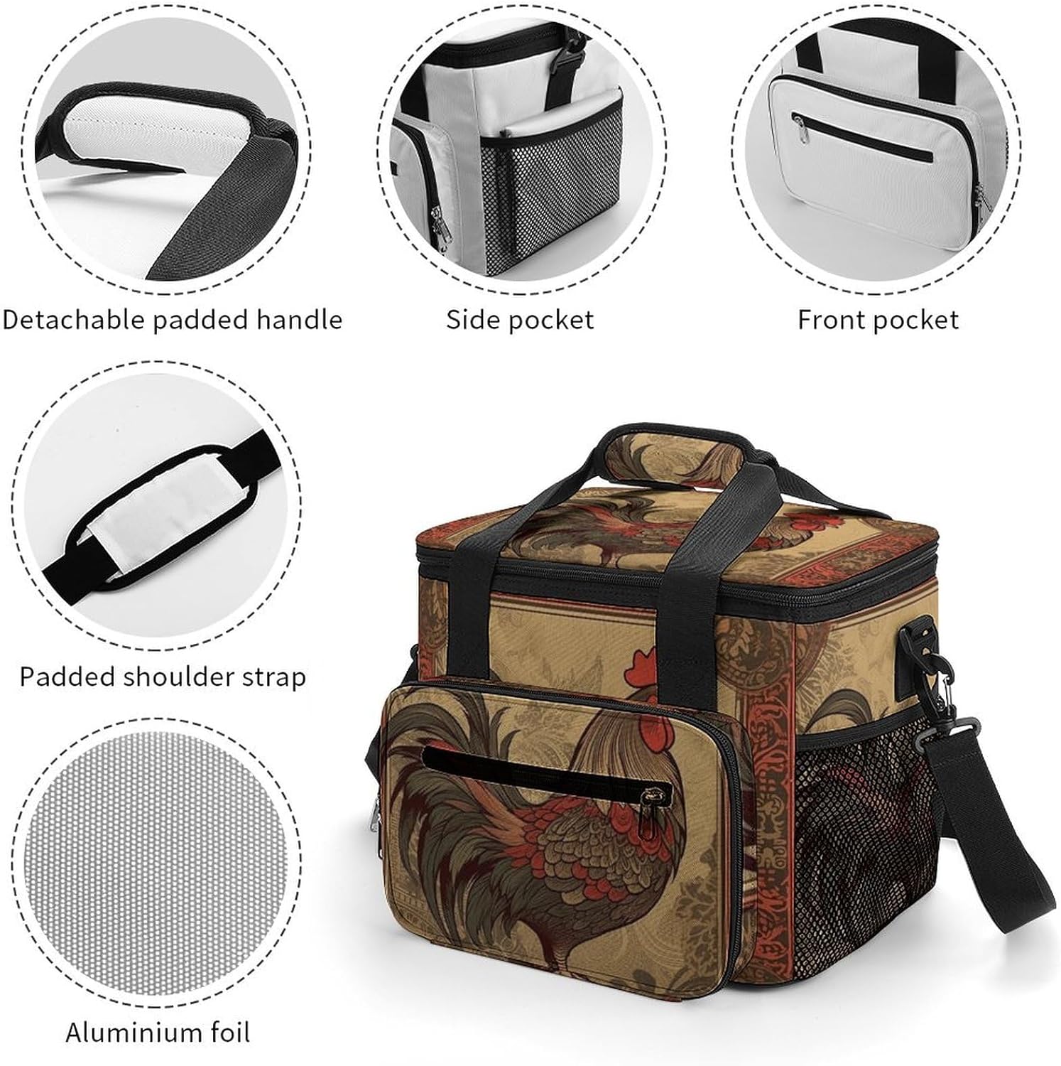 Large-Capacity Oxford Cloth Old Rooster Illustration Printed Camping Ice Bag, Outdoor Portable Insulation and Cold Storage Bag, Enjoy A Cool Camping Time