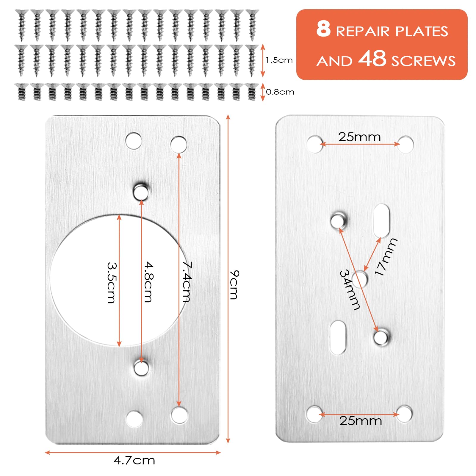 Tekenewbse 8 Pezzi Piastra di Riparazione Della Cerniere, 9 × 4.7 cm Piastra Riparazione Cerniera con 48 Viti, Aggiustare Sportelli Cerniere, Cerniera Acciaio Inossidabile per Armadi Mobili Cassett