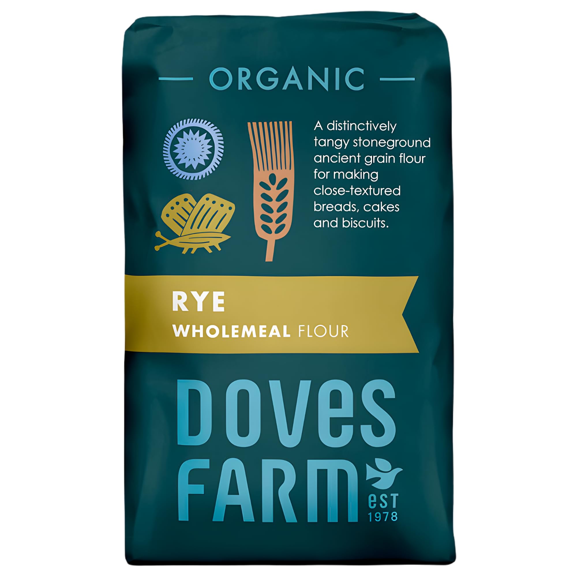 Doves Farm Organic Stoneground Wholemeal Rye Flour 2.2 lb (1 kg) - High Fiber Ancient Whole Grain Dark Rye Flour for British Baking Breads, Cakes & Biscuits | Kosher & Vegan | Imported from UK