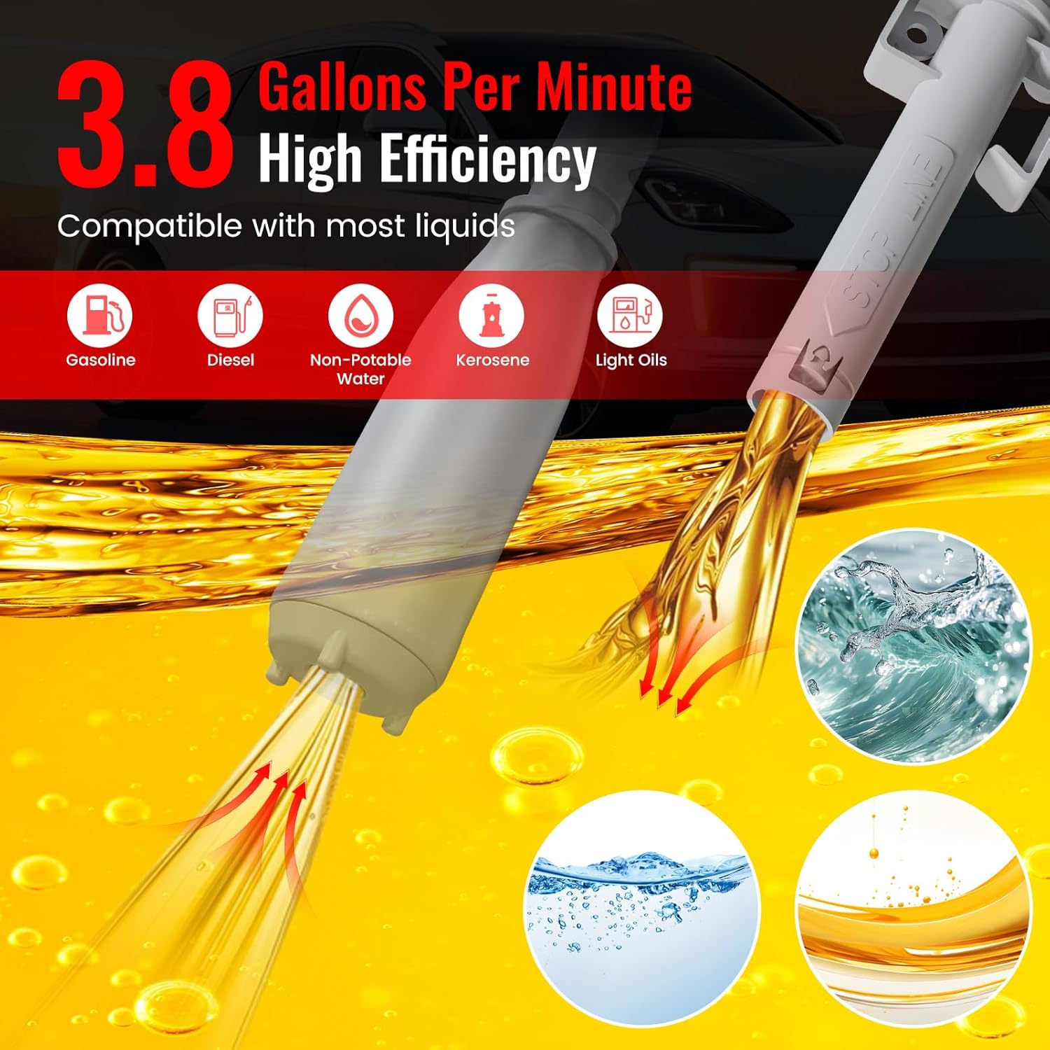 2026-Fuel Transfer Pump - 3.8 Gpm Battery Powered by Auto-Stop, 51-Inch Hose, 4 Adapters for Natural Gas, Petroleum, Portable Electric Siphon Pump for Trucks, RV & Boats