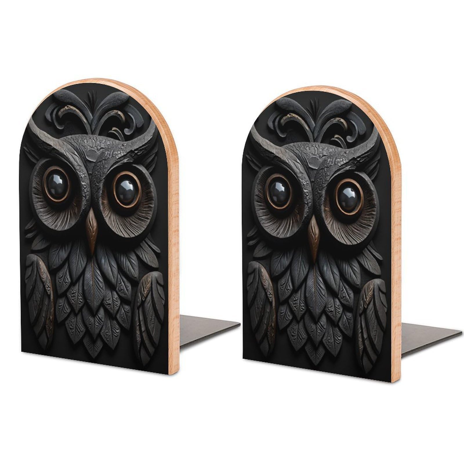 Owl Carving Solid Beech Wood Bookends, Decorative Book Ends for Shelves, Non-Skid Desktop Book Organizer for Home Office, Library Decor (1 Pair, 4.7" X 6.7")