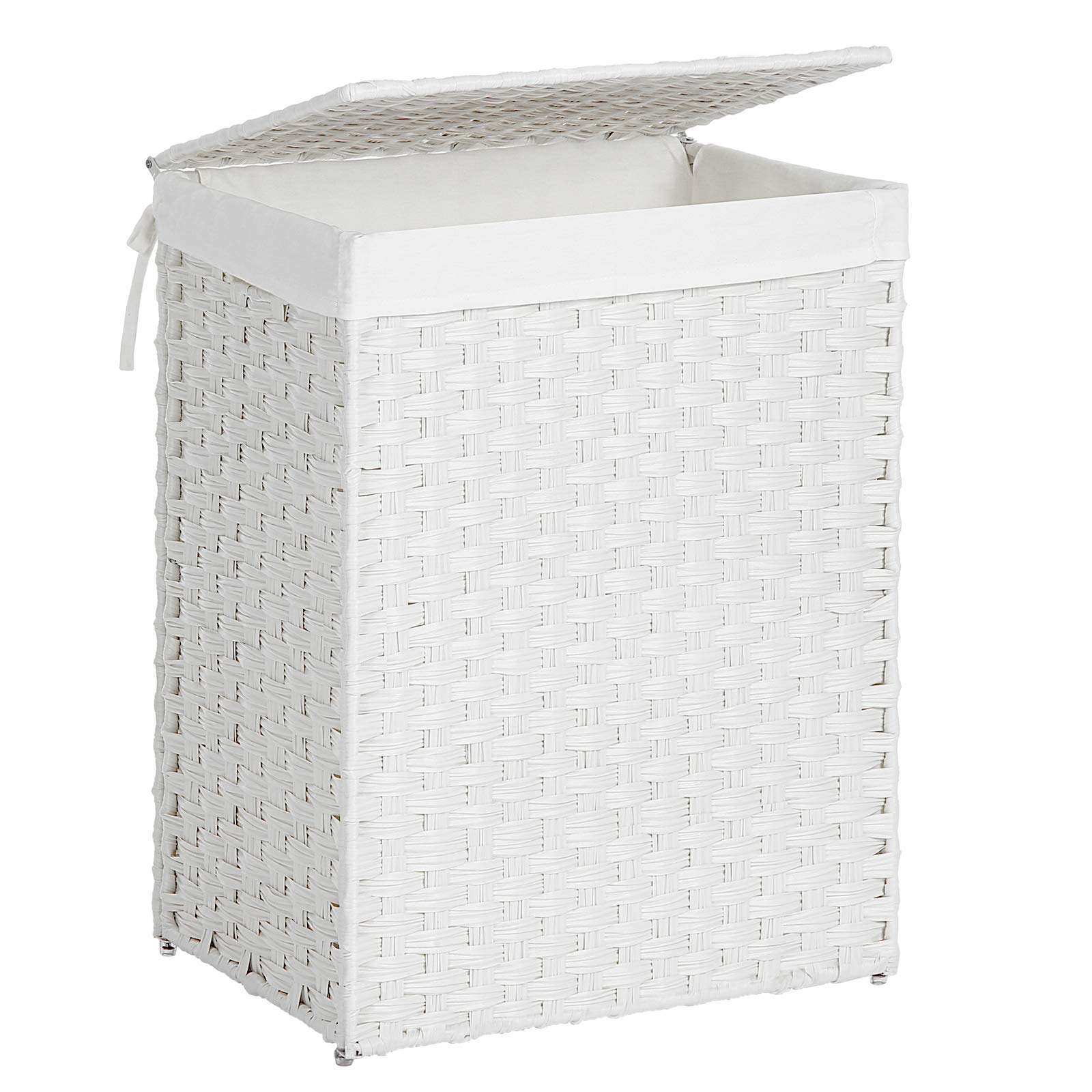 SONGMICS90L Hand Woven Laundry Basket Faux Rattan Clothes Basket with Lid and Handles Foldable Removable Inner Bag White LCB51WT