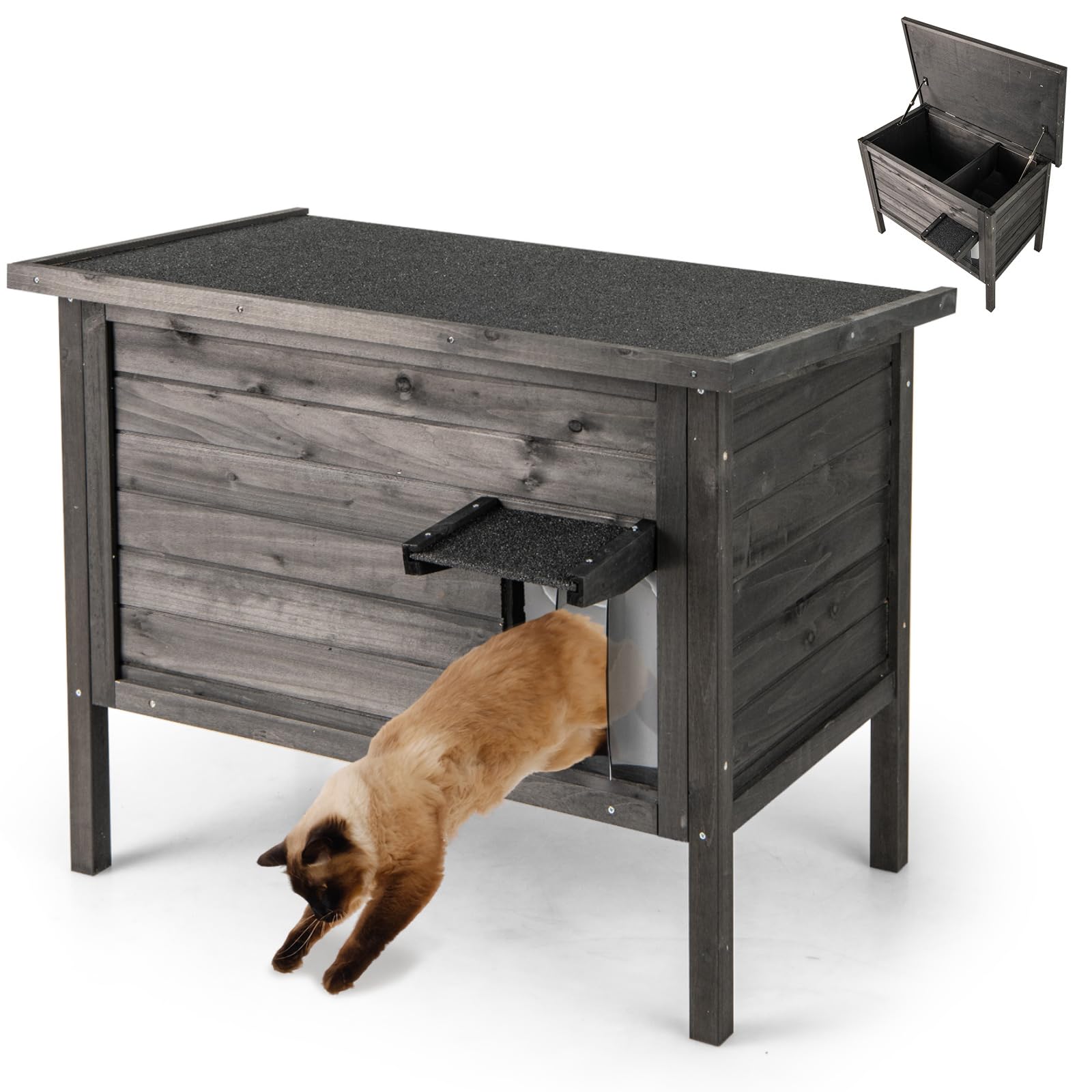Maxmass Wooden Cat House, Outdoor Insulated Pet Shelter with Openable Asphalt Roof, Double Room & All-Round Styfoam, Elevated Cats Enclosure for Outside (Dark Gray + Black, 88 x 55 x 71 cm)