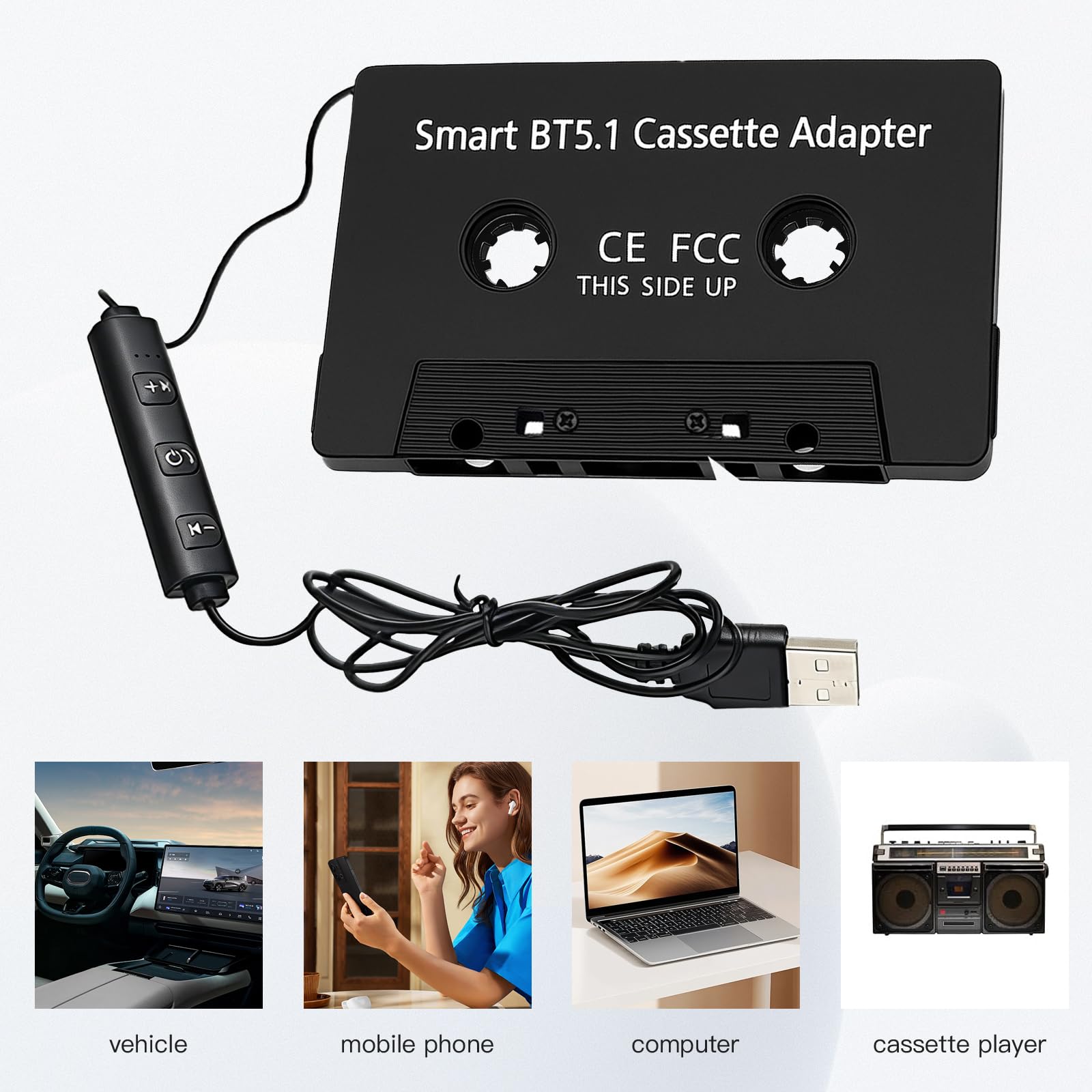 Adapter kasetowy Bluetooth do kasety samochodowej 5.1, adapter kasetowy do radia samochodowego, adapter kasetowy z mikrofonem Hi-Fi Stereo, rozmowy głośnomówiące do smartfonów/odtwarzaczy MP3/CD