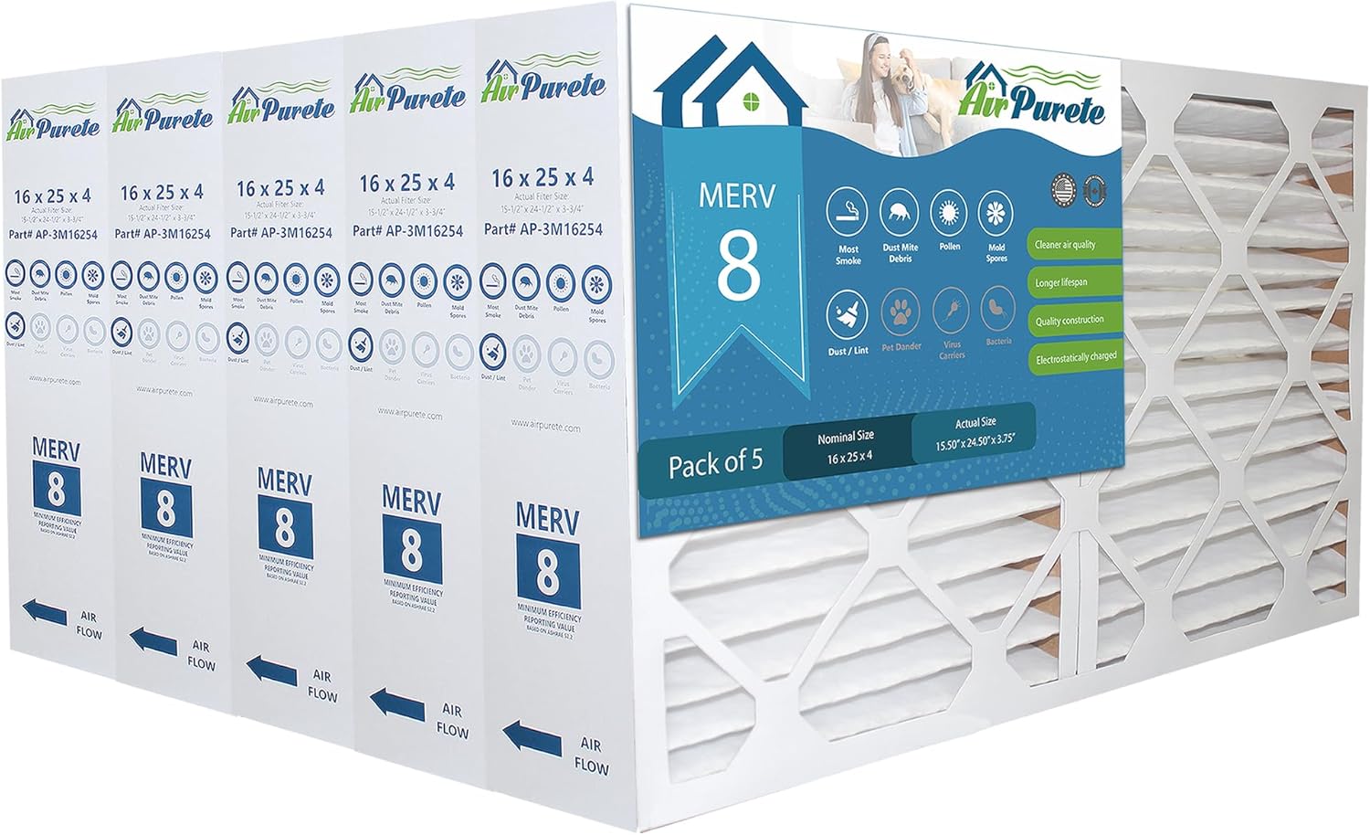 AirPurete Furnace Filter 16x25x4 (Actual Size: 15-1/2" x 24-1/2" x 3-3/4") | Replacement for Pleated HVAC AC Furnace Air Filters | MERV 8 | Pack of 5