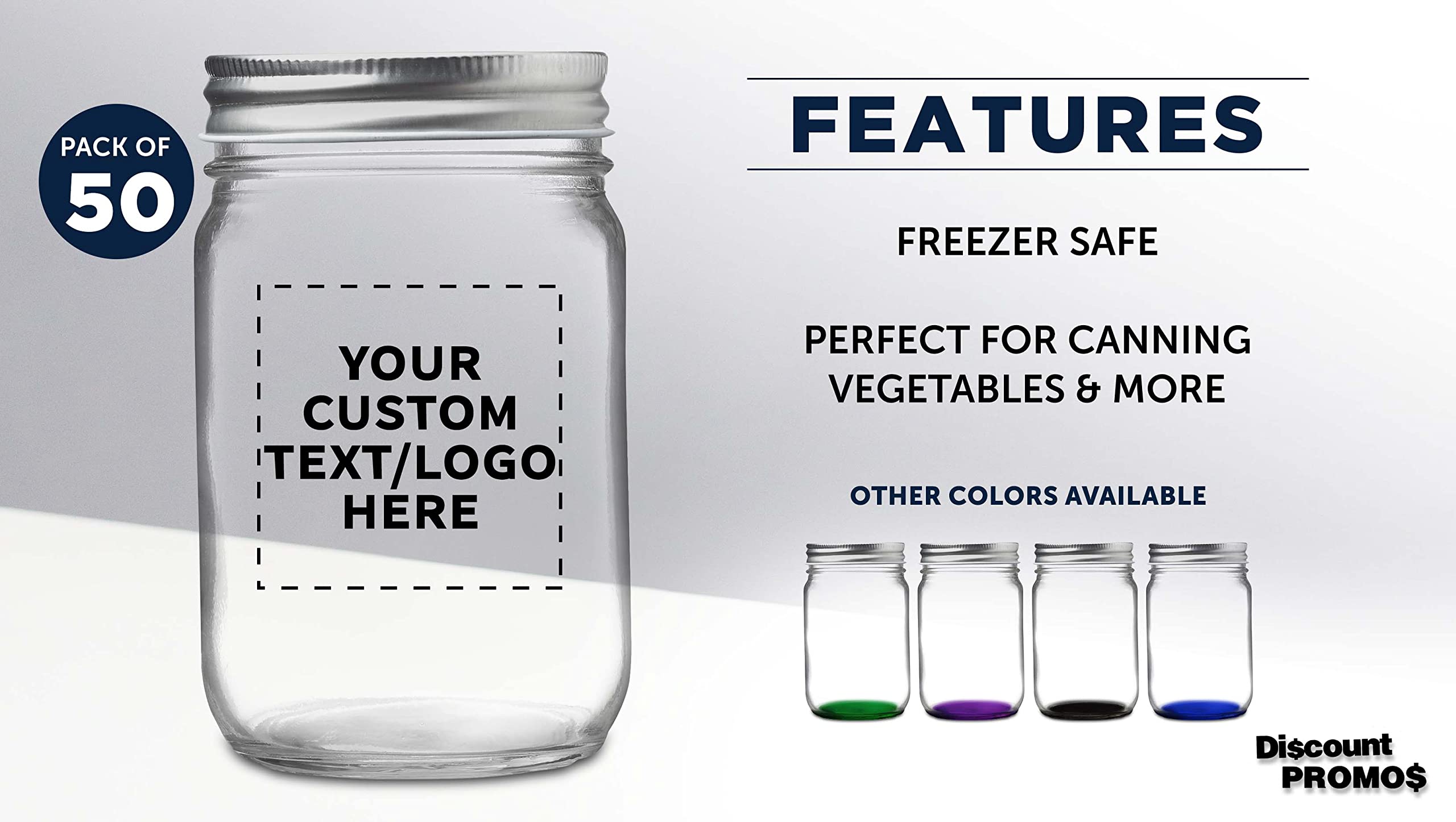 DISCOUNT PROMOS 50 Decorating Mason Jars Set, 12 oz. - Customizable Text, Logo - Canning, Aluminum Lid - Clear