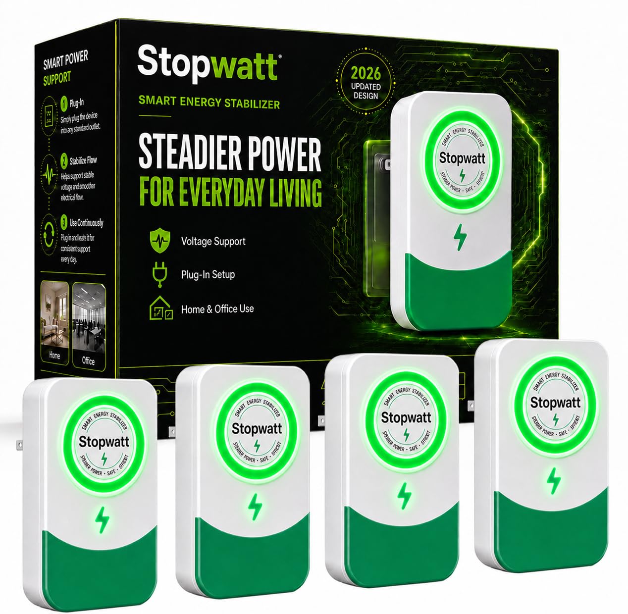 Stopwatt 4 Pack Plug-in Voltage Protector for Home Appliance, Electricity Saving Box, Surge Protection & Brownout Protection Device, Household Electronics Safe Guard, Green-L