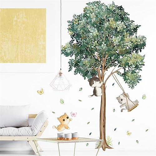 Miniatura 3 de Calcomanías de pared de árbol y gato, hojas verdes, calcomanías de pared para sala de estar, dormitorio, sofá, fondo de TV, decoración de pared