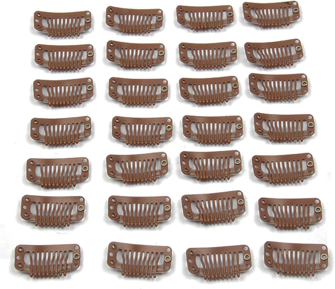 20pcs Metal Snap Clips for Hair Extensions DIY Clip in on Hair Extension Wigs 9 Teeth 32mm 1.2g/pc Black Brown Beige Color (Light Brown)