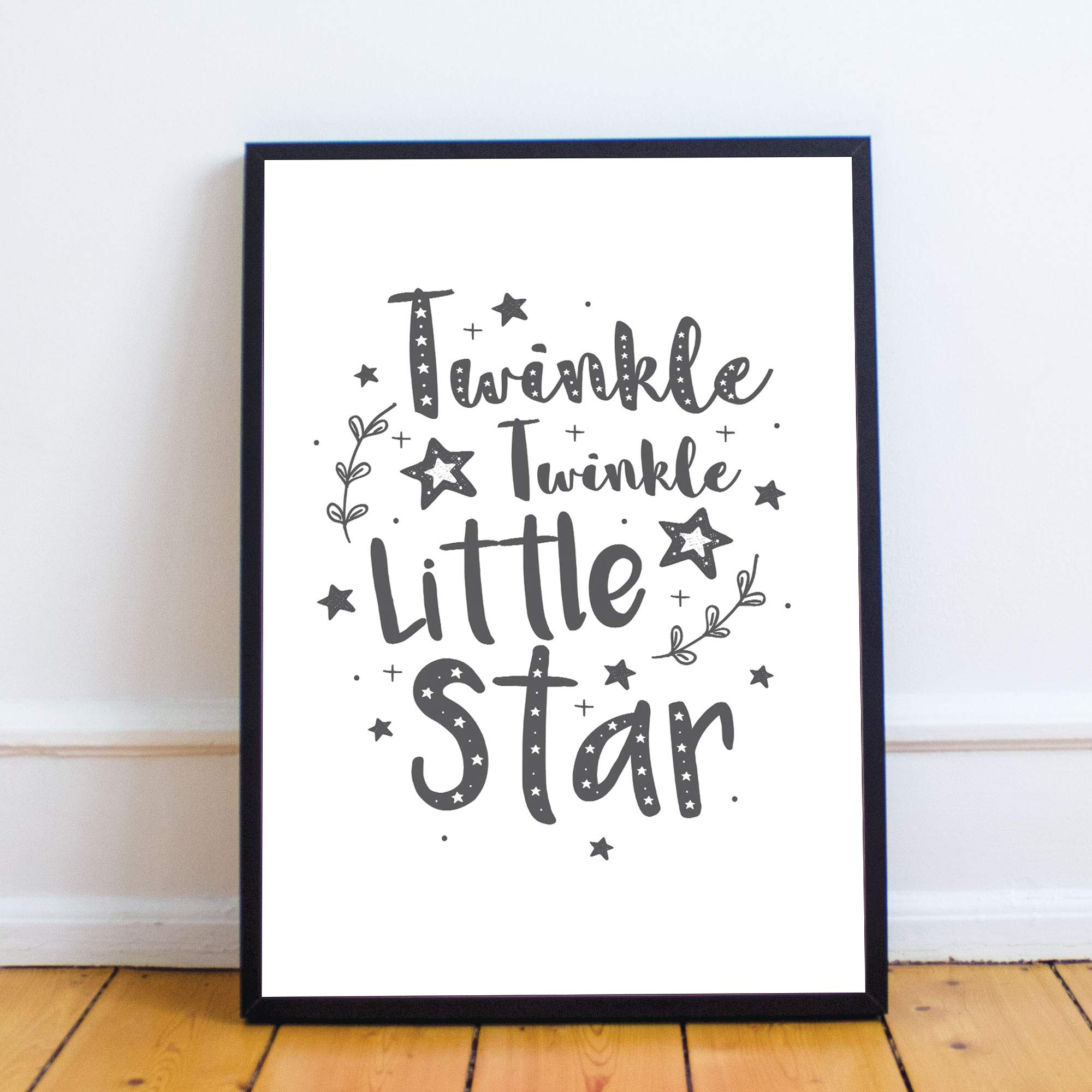 RED OCEAN Cute Boys Bedroom Print Boys Bedroom Wall Art Decor Grey Nursery Print Baby Gift Keepsake (A4 Print with Black Frame - Twinkle Twinkle White Grey)