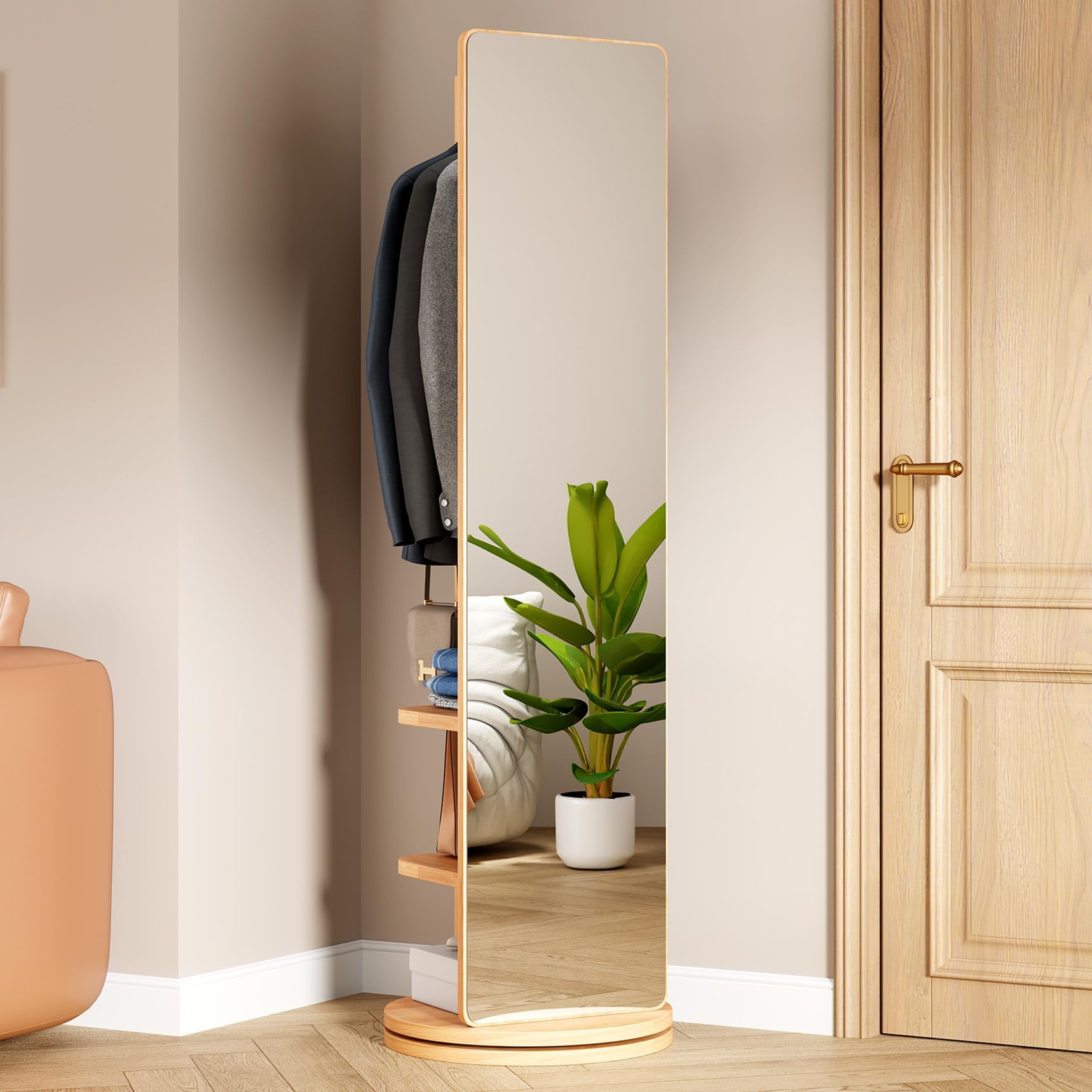 Rotating Mirror with Storage, Solid Wood Full Length Mirror Coat Rack, 360° Full Body Swivel Mirrors for Bedroom, Living Room, Cloakroom, 66" x 17.8" (Natural)