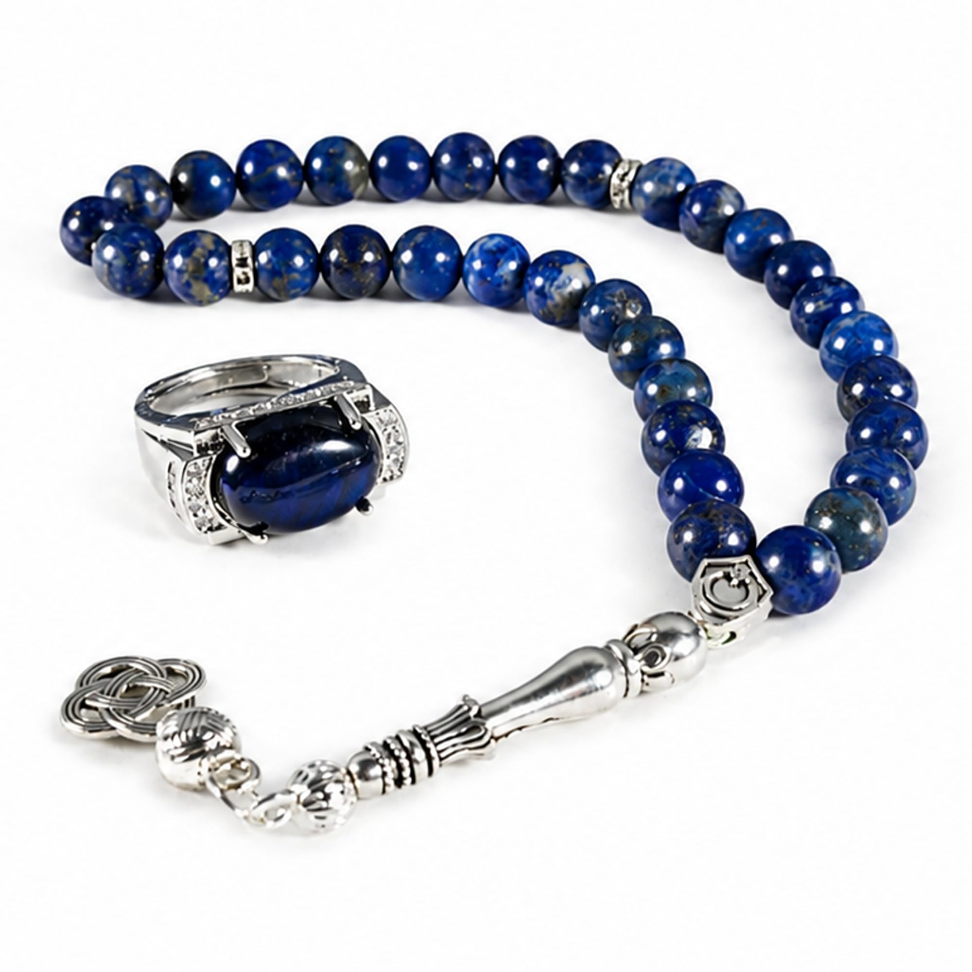 Tasbih niebieskie koraliki kamienne 33 koraliki z niebieskim pierścieniem tygrysie oko i pudełkiem na prezent, łańcuszek modlitewny Misbaha do dhikra i liczenia, zawieszka samochodowa, prezent dla