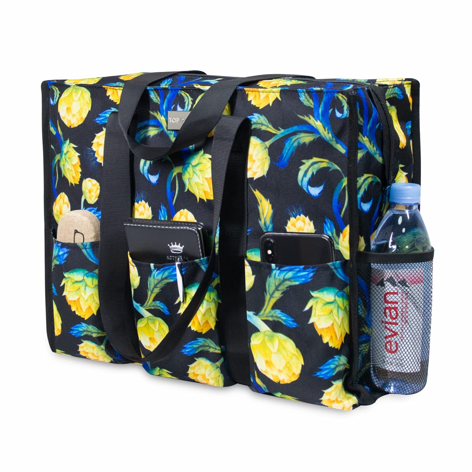 TOPDesign Utility Water Resistant Tote Bag with 13 Pockets, Zipper Closure
