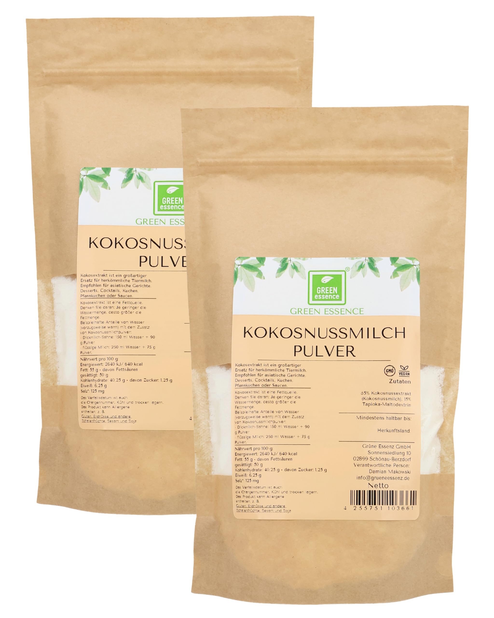 Kokosnussmilchpulver 1000 g (2*500g) von der Grünen Essenz - Kokos Milch Pulver getrocknet - Vegan - Proteinpulver - für pflanzliche und laktosefreie Getränke - vegane Milch ohne Zucker (1000 Gramm)