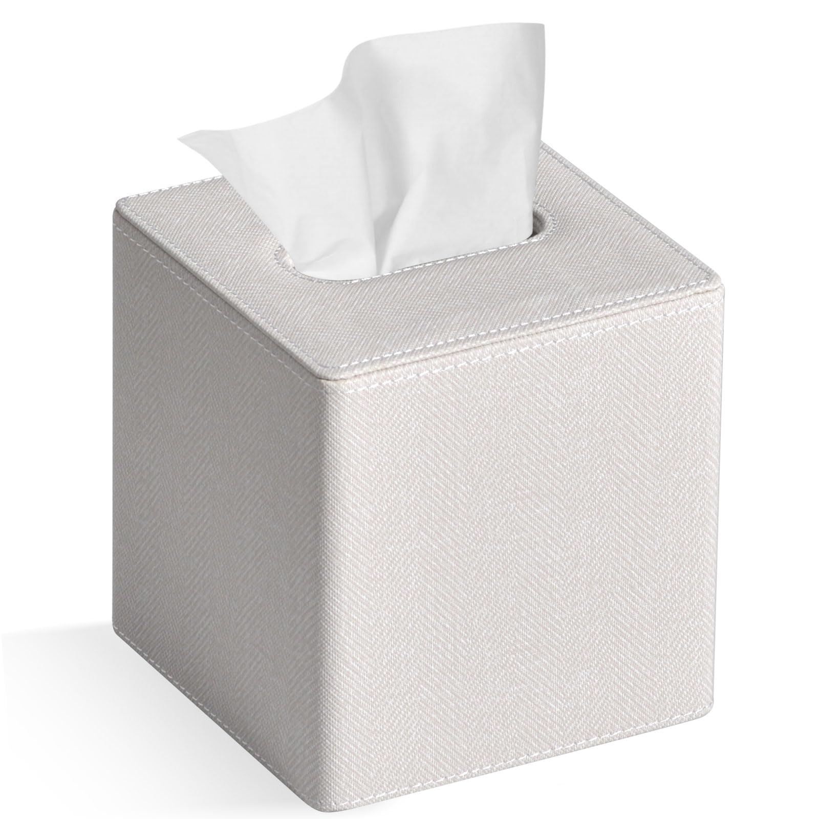 GOLRANLYE Tissue Box Cover Square PU Leather Facial Tissue Box Holder for Dresser Bathroom Decor (Linen Beige)