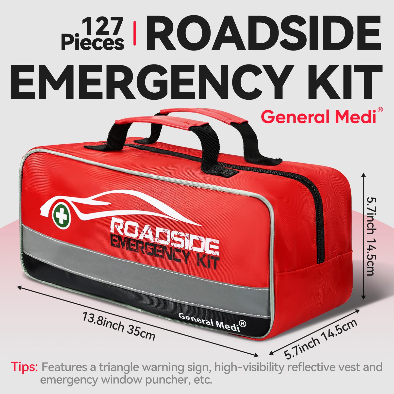 General Medi 127-Pieces Roadside Car Emergency Kit Include Mini First Aid Kit, Jumper Cables,Tow Rope, Bandage, Safety Vest, Emergency Triangle, All in One Pack