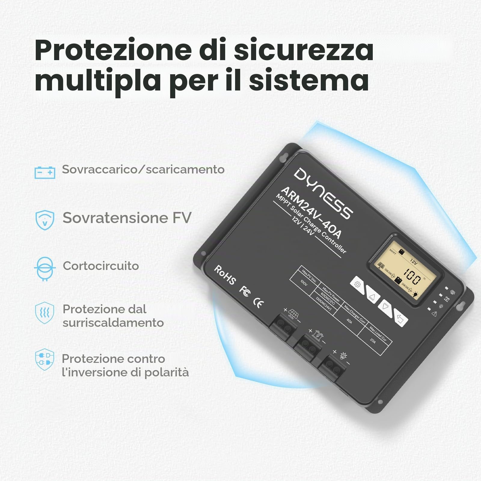 Dyness MPPT Regolatore di Carica Solare 100V 40 Amp 12V 24V Auto, Bluetooth, Display LCD, Impianti Solari e Batterie SLA, GEL, FLD, AGM, Li