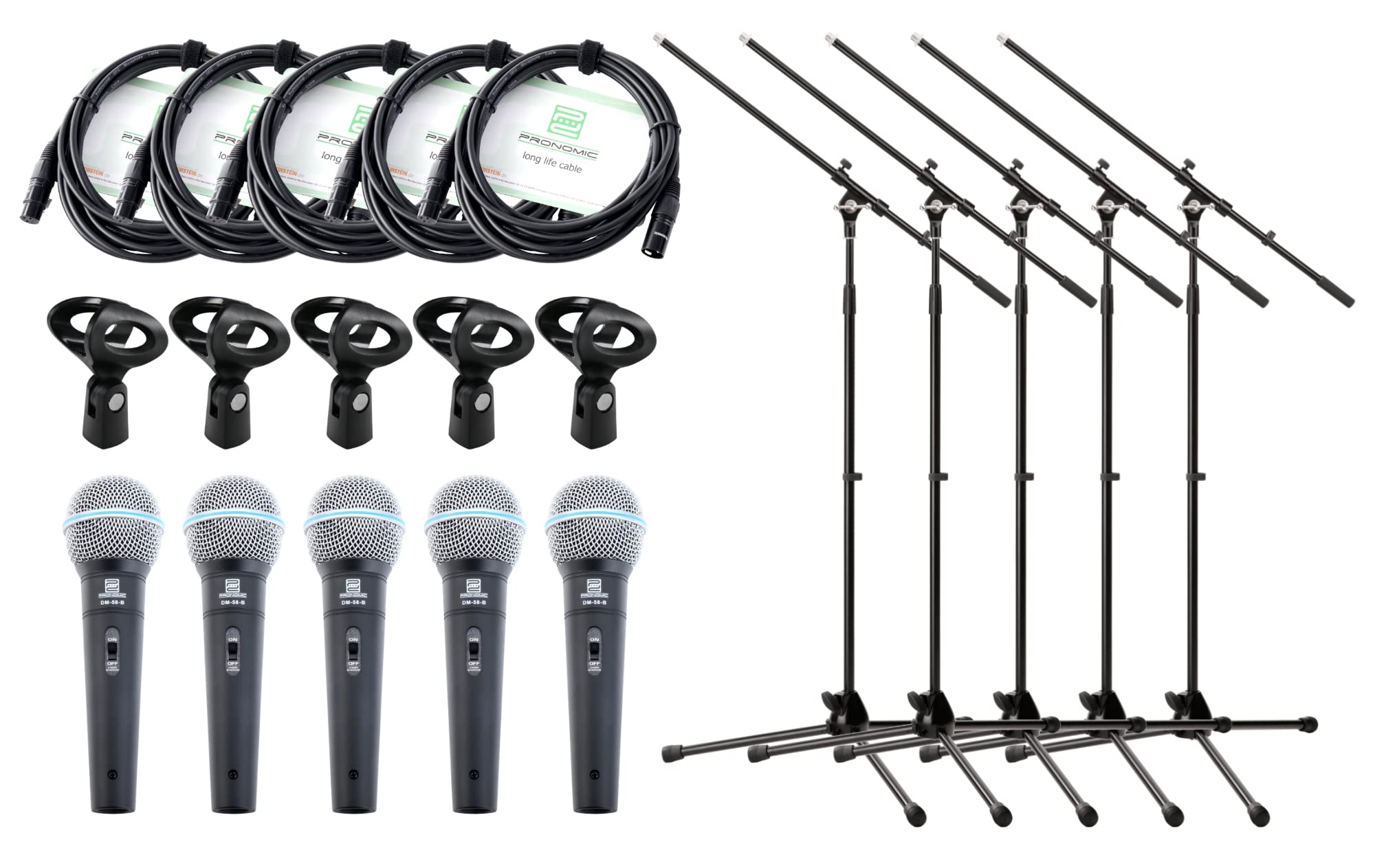 Pronomic DM-58-B Vocal Microfono Starter Set 5x Microfoni, Cavo XLR | Microfono universale per voce e canto, Particolarmente adatto per DJ, beatbox, ecc., Suono potente e caldo, Capsula: dinamica