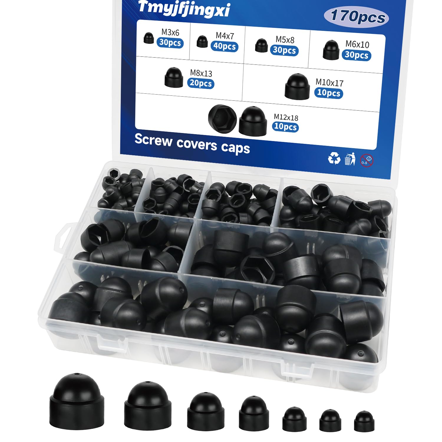 170PCS 7Sizes Plastic Screw Bolt Covers Caps Black Hex Nut Covers Caps M3 M4 M5 M6 M8 M10 M12 YY021