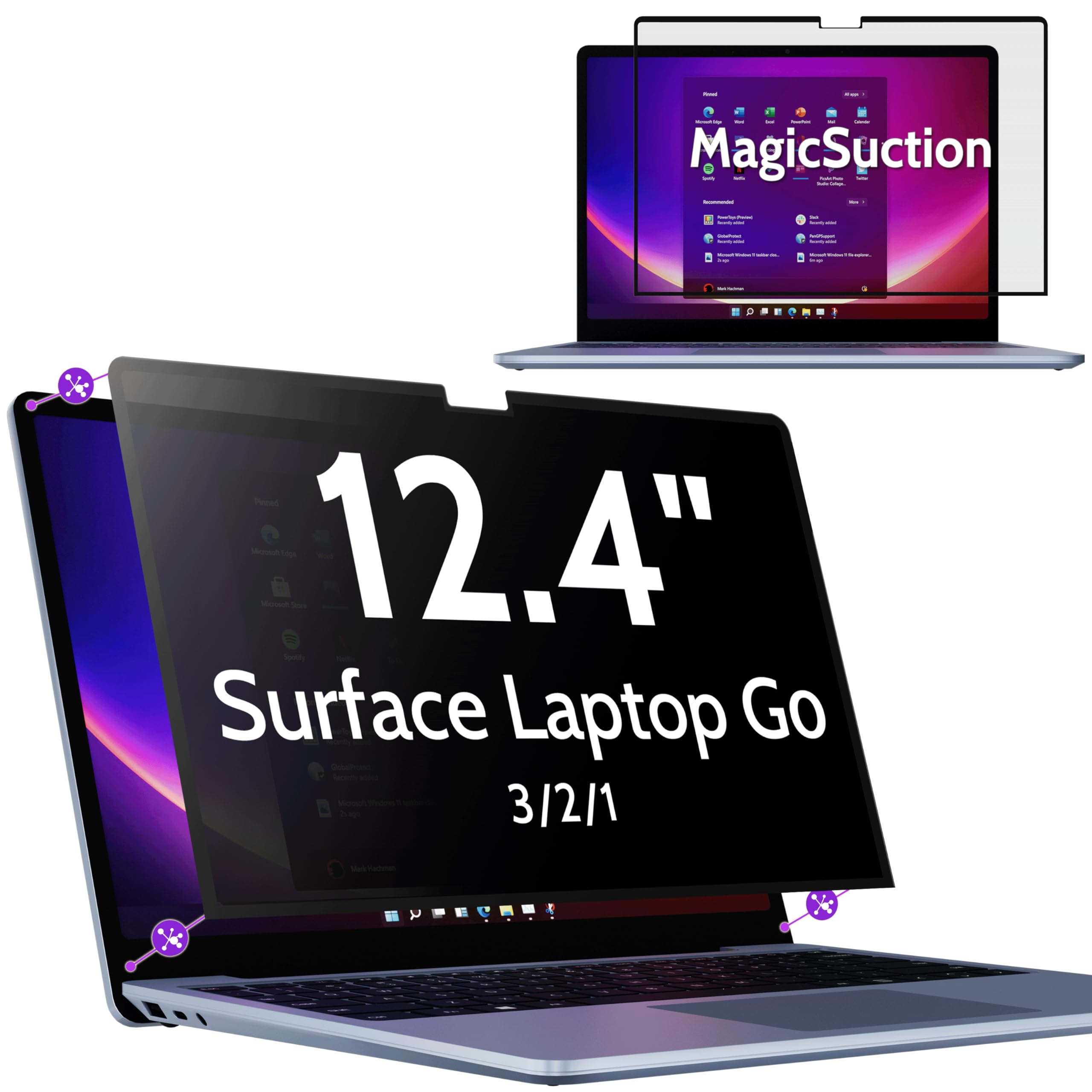 Peslv Privacy Screen for 12.4 Inch Surface Laptop Go 3/2/1, MagicSuction™ Removable Anti Spy Black Protector, Glare Blue Light Filter for Microsoft Laptop Computer Monitor