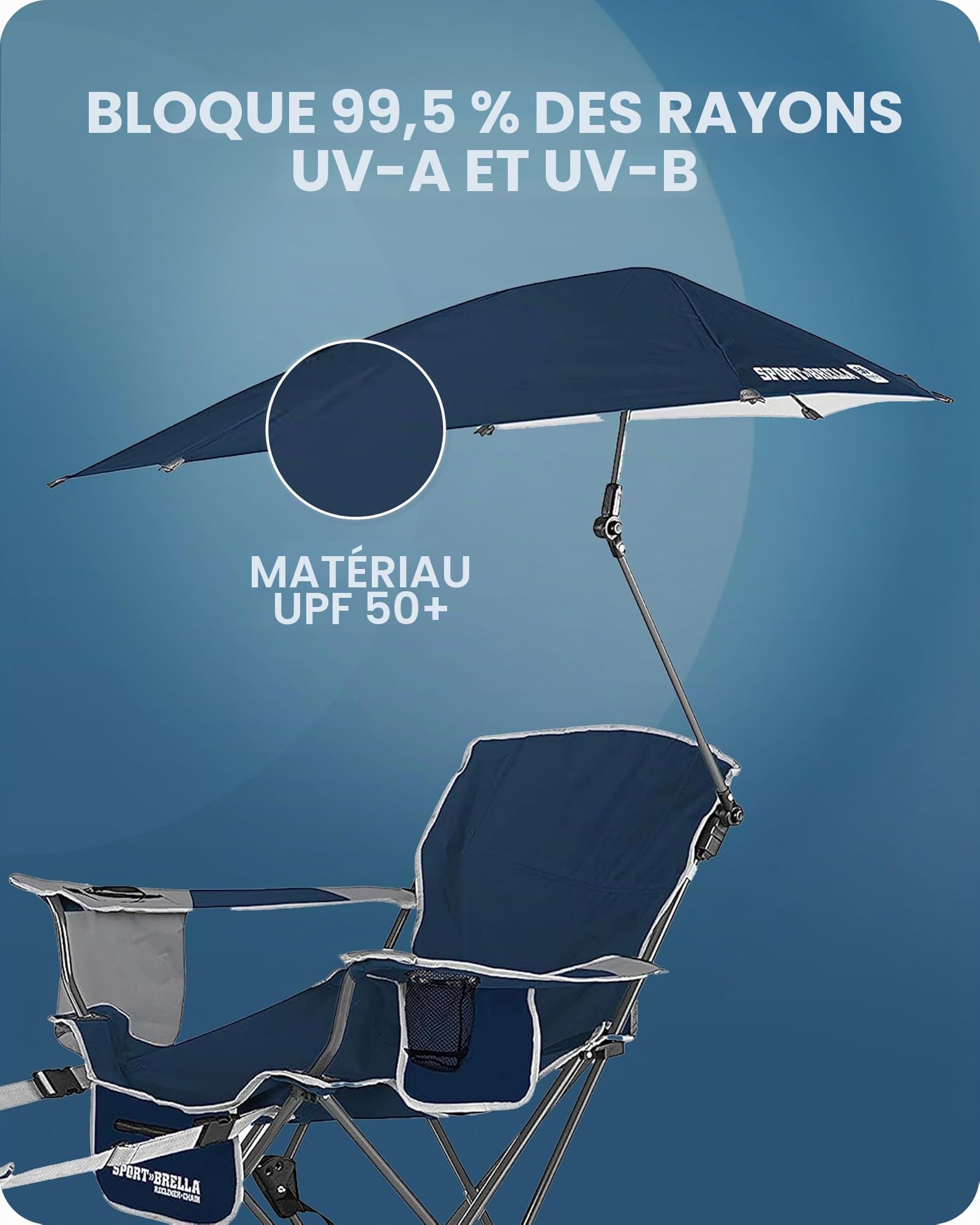 Sport-Brella Chaise Pliante Fauteuil inclinable Fauteuil de Relaxation à 3 Positions avec Parapluie Amovible, Bleu Nuit