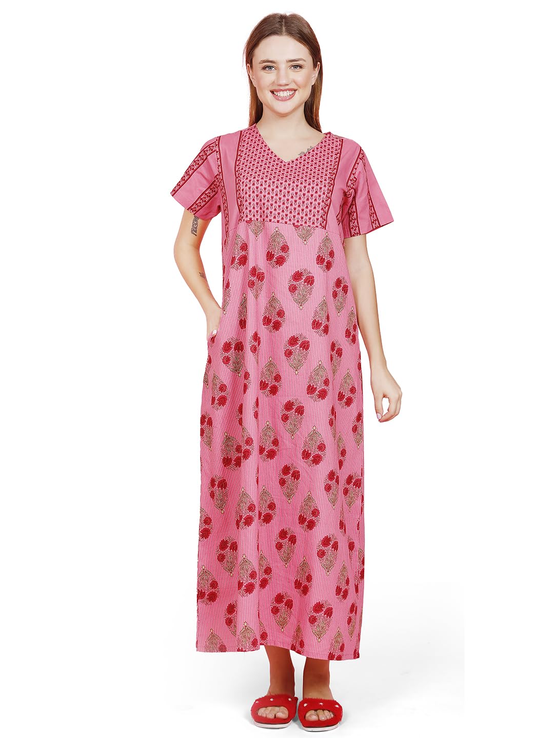 evolove Cotton Nighty Maxi for Women with Side Pocket | Printed Full Length Night Wear Gown Short Sleeves-picture-9