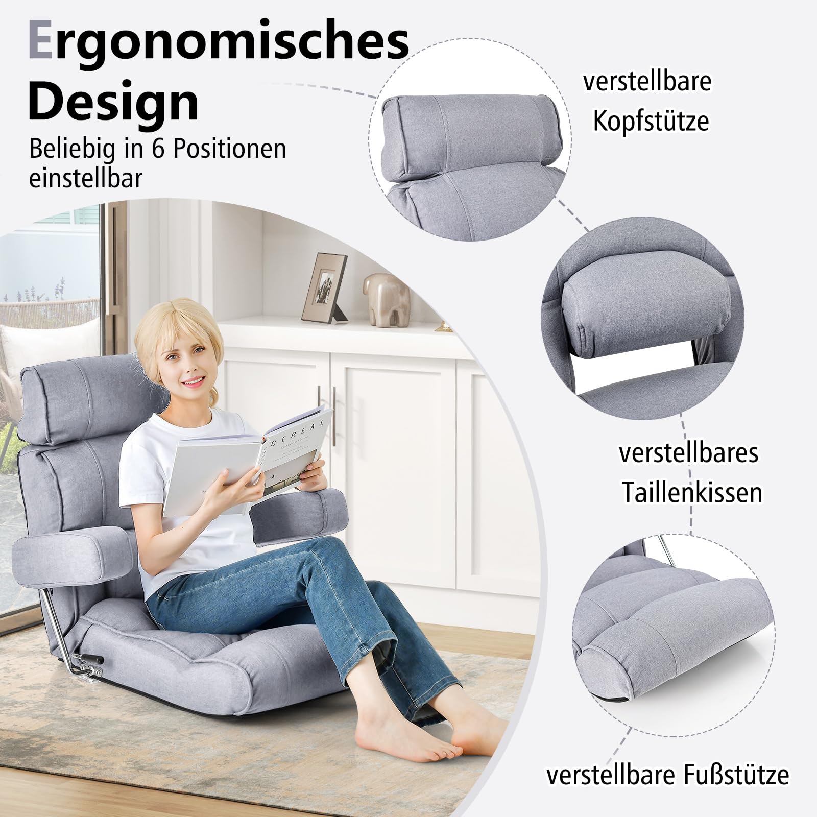 COSTWAY Bodenstuhl, klappbares Bondensofa mit Verstellbarer Rückenlehne, Kopfstütze, Lendenstütze, und hochklappbaren Armlehnen, Bodensessel, Relaxsessel zum Meditation, Lesen, Gaming (Grau)
