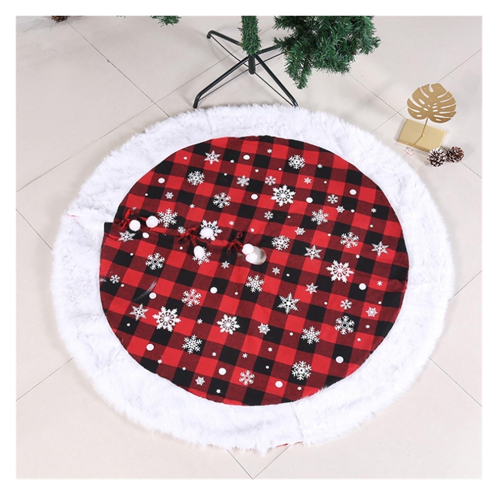 Tapis de Sapin de Noel Jupe d'arbre De Noël 48 Pouces avec Motif Flocon Neige, Côtés en Fourrure, Jupes Ferme pour La Décoration Couvre-Pied d'arbre
