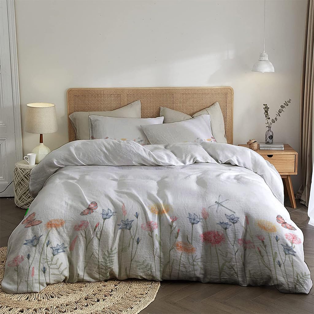 NIBAINLO 布団カバー水彩画 野生植物 花 と 飛ぶ蝶 肌に優しい ピーチスキン加工 掛け布団カバー 和式 洋式 あったか 布団カバーセット リバーシブル ホームステイ ホテル 家庭兼用