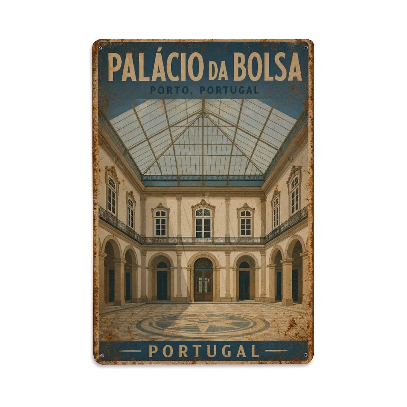 Huiyhb 8X12inch(20X30cm) Vintage Travel Palacio Bolsa Courtyard Glass Roof Interior Portugal Metal Tin Sign