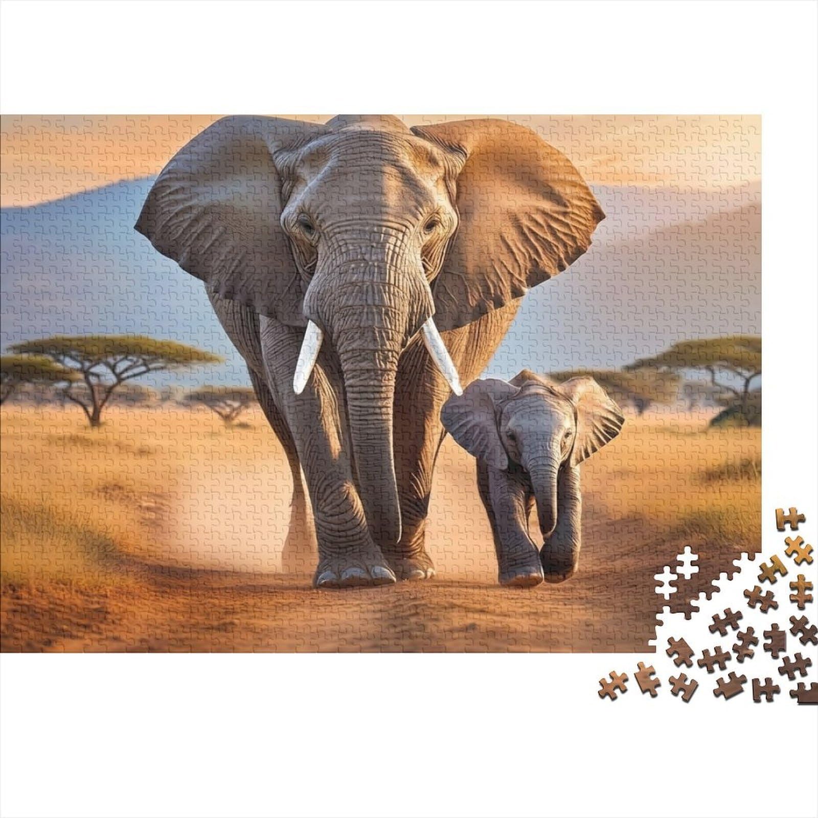 African Elephant 1000 Piece Jigsaw Puzzle Paper for Adults Savanna Scene Jigsaw Puzzle Set Relaxation 38x26cm/1000pcs