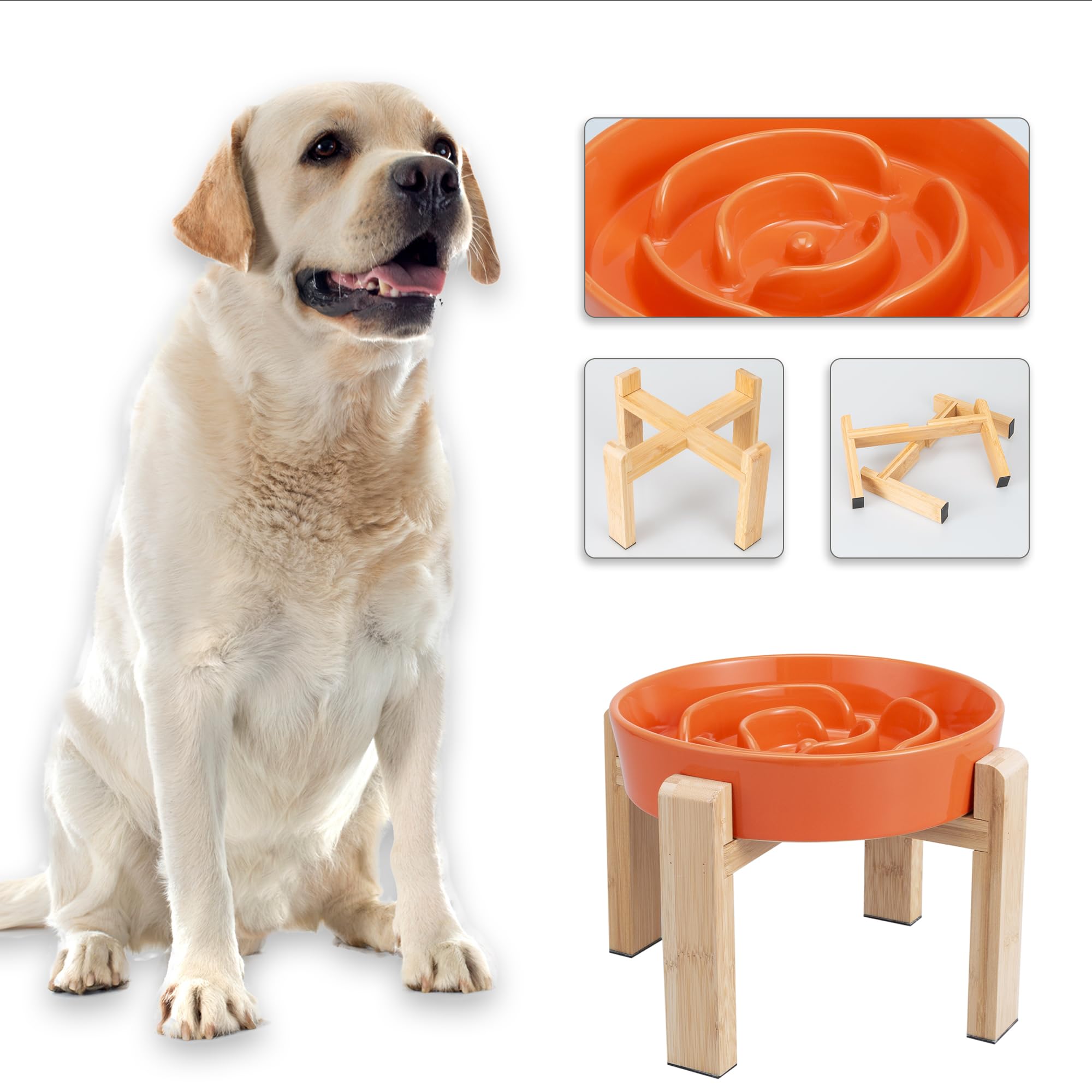 Gamelle Anti-Glouton Surélevée pour Chien - Bol en Céramique avec Support en Bambou - Idéale pour Chiens Moyens et Grands - Orange - 22,5 cm