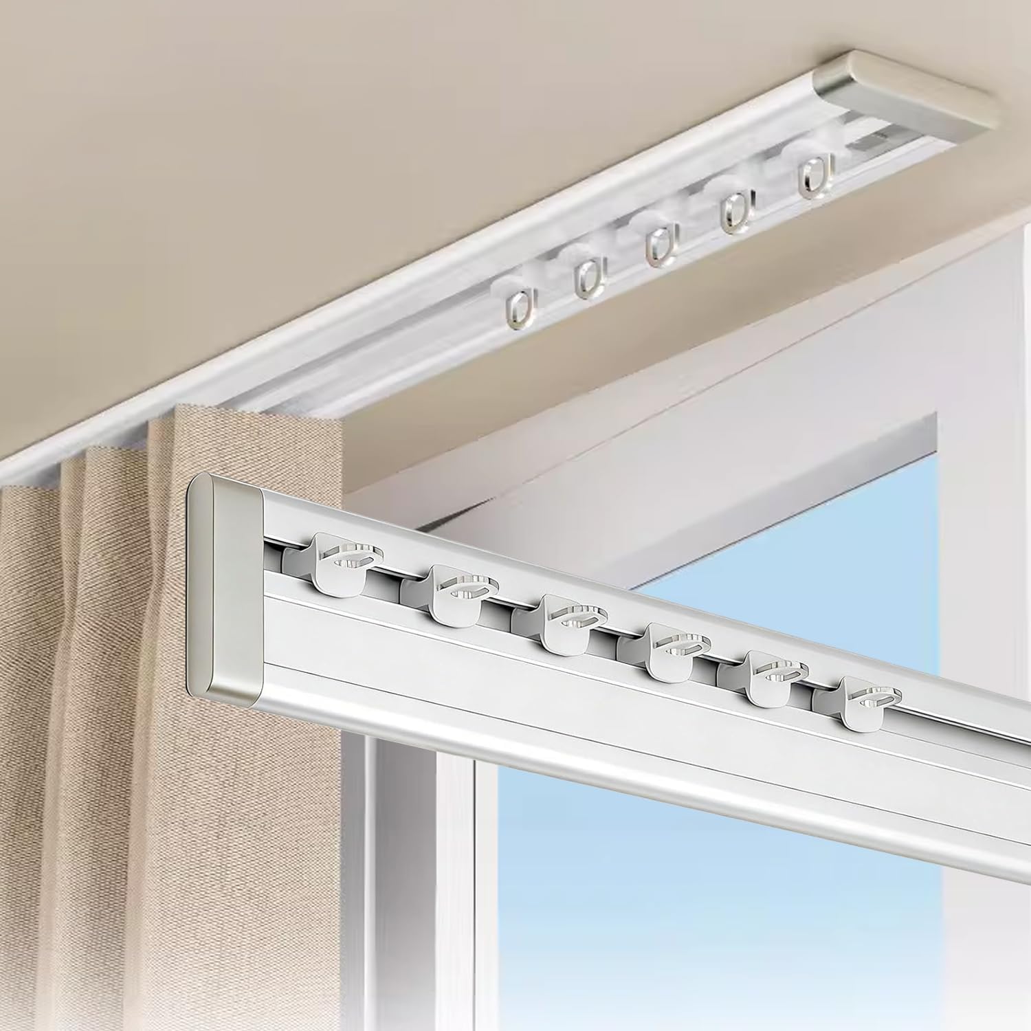 Ultra-thin Curtain Track, Aluminum Ceiling Curtain Rail System No Drill Self Adhesive Curtain Tracks Wall Mount, Silent Sliding Rail for Windows Easy Installation with Screws 3.9ft (1.2m)