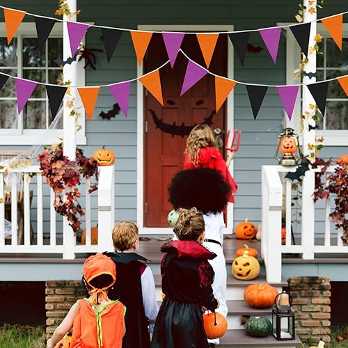 Miniatura 7 de Tatuo Banderín de Halloween de 656 pies, 20 unidades, bandera triangular, morado, naranja, negro, banderines de tela, banderines de tela para fiesta