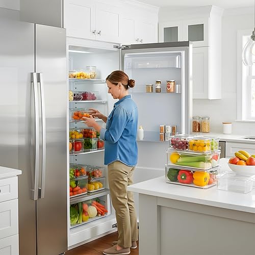 Miniatura 3 de Paquete de 14 contenedores organizadores de almacenamiento para refrigerador, contenedores transparentes apilables para almacenamiento de alimentos