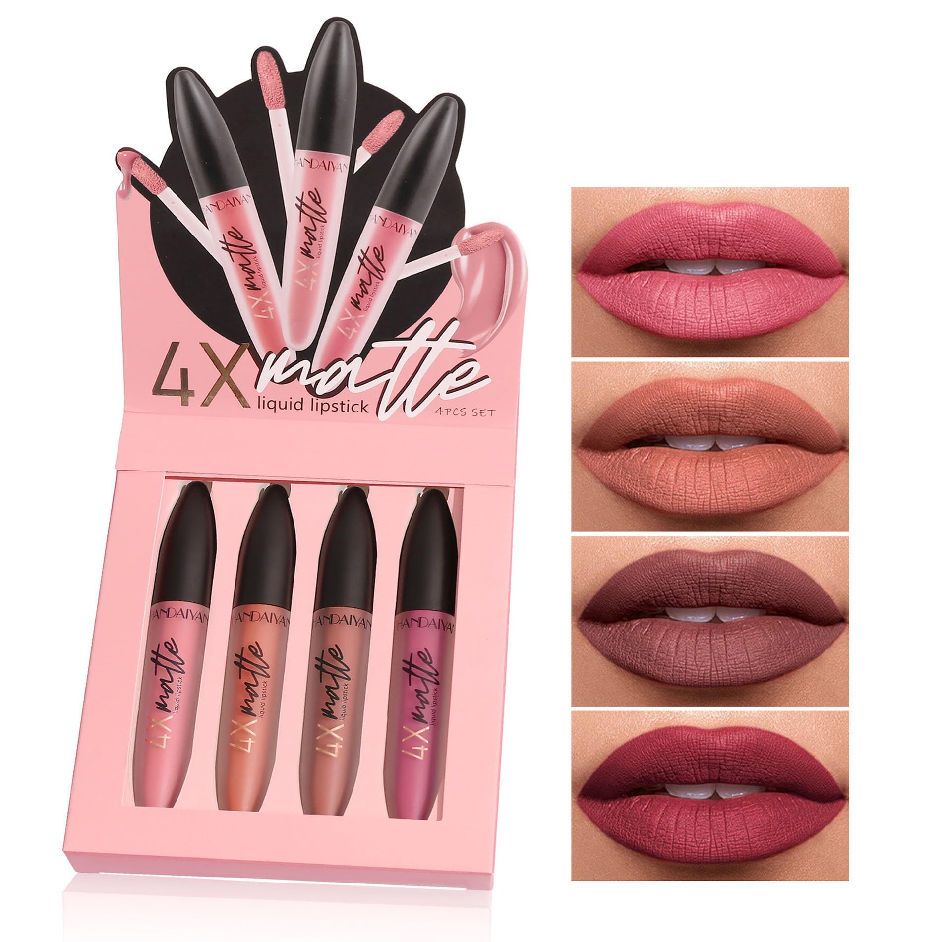 HANDAIYANLipstick Set Matte Liquid 4 Colors Long Lasting Waterproof for Women Highly Pigment Velvety Nude Super Stay Soft Hydrating & Lightweight Professional Moisturizing Makeup Lips Gift (B)