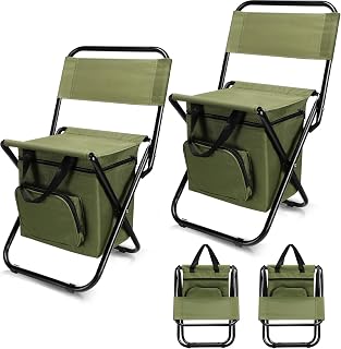 Jerify 2-Pack Foldable Fishing Chairs with Cooler Bag & Backpack - Portable Multi-Function Stool with Backrest for Camping Hunting (Green)