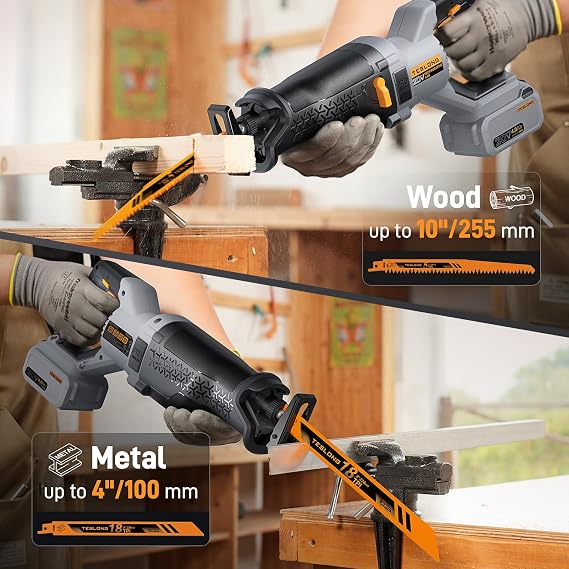 Teslong 20V Brushless Reciprocating Saw, 1-1/4 Stroke, 03000 SPM Variable Speed, LED Light, Tool-Free Blade Change, with 4.0Ah Battery