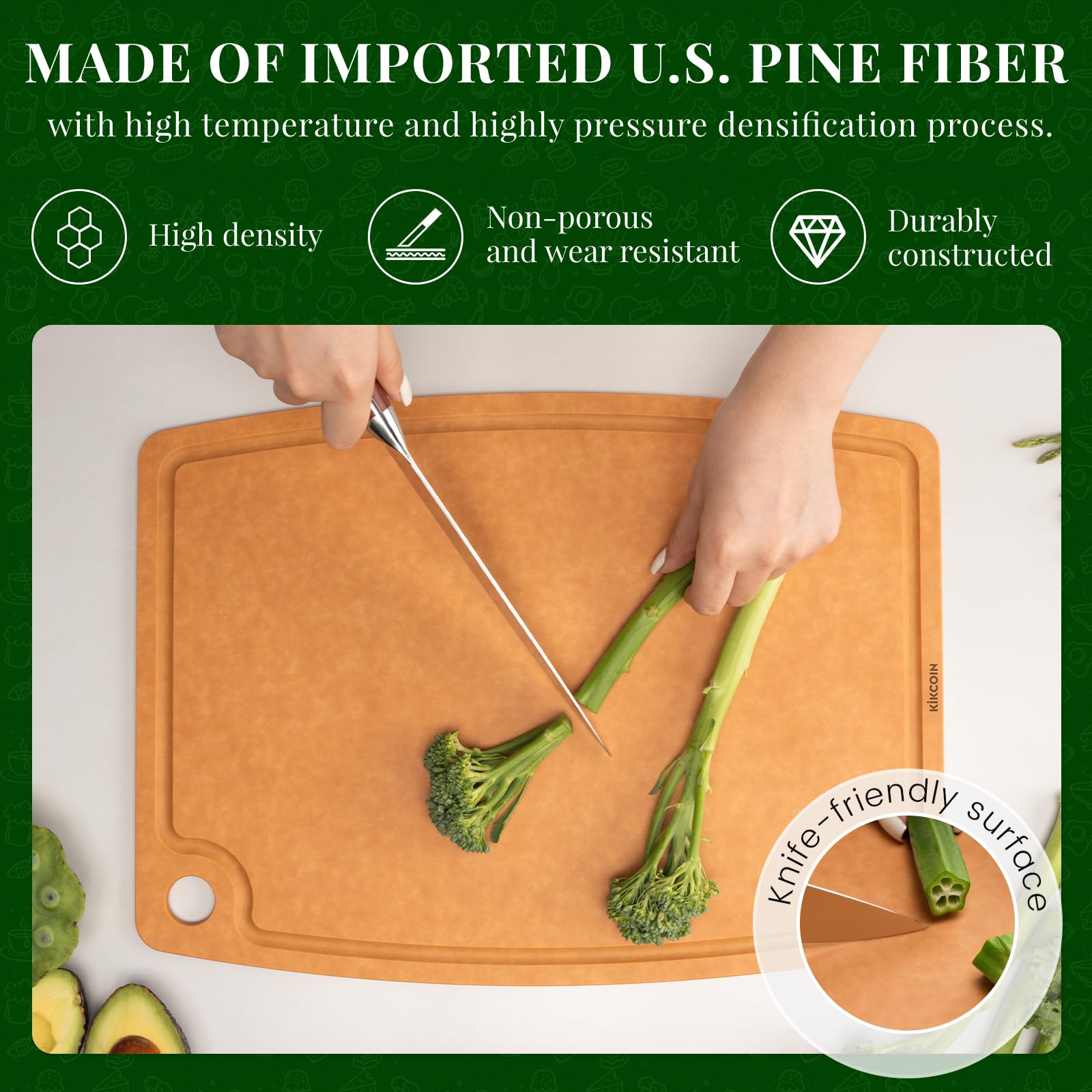 Tabla de cortar de madera, tablas de cortar para cocina, aptas para lavavajillas, tabla de cortar antideslizante con ranura para jugo, tabla de cortar compuesta de fibra de madera con agujero para