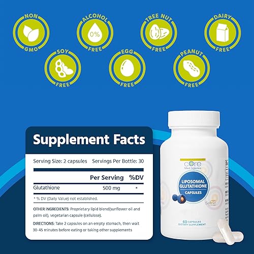 Miniatura 3 de Core Med Science Suplemento de glutatión liposomal (500 mg, 60 cápsulas)  Setria pura reducida con complejo fosfolípido  Suplemento antioxidante