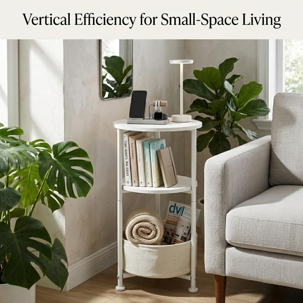 Small Round Side Table with Storage Basket, 3-Tier Narrow End Table Nightstand for Living Room Bedroom, 11.8" Diameter Modern Bedside Table for Small Spaces, Wood Grain & Metal Frame (White)