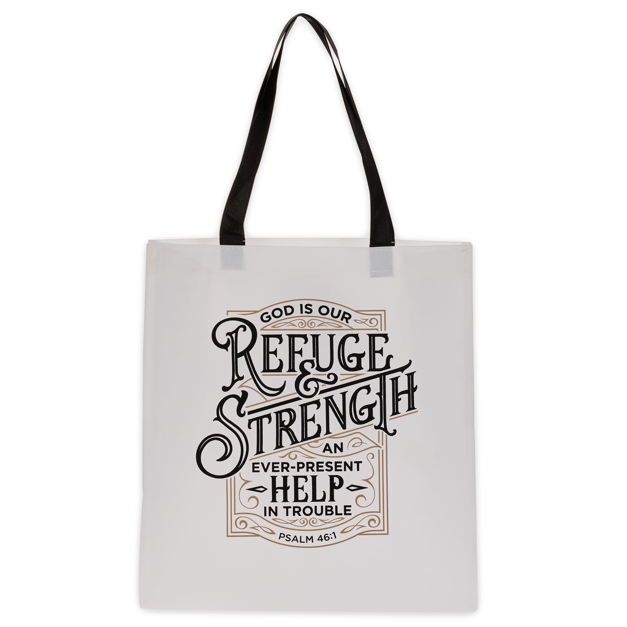 Christian Art Gifts Reusable Fashion Shopping Tote Bag for Women: Refuge & Strength - Psalm 46:1 Cute Durable Bible Verse Handbag Easy-hold & Collapsible for Groceries, Books, Supplies, Black & White