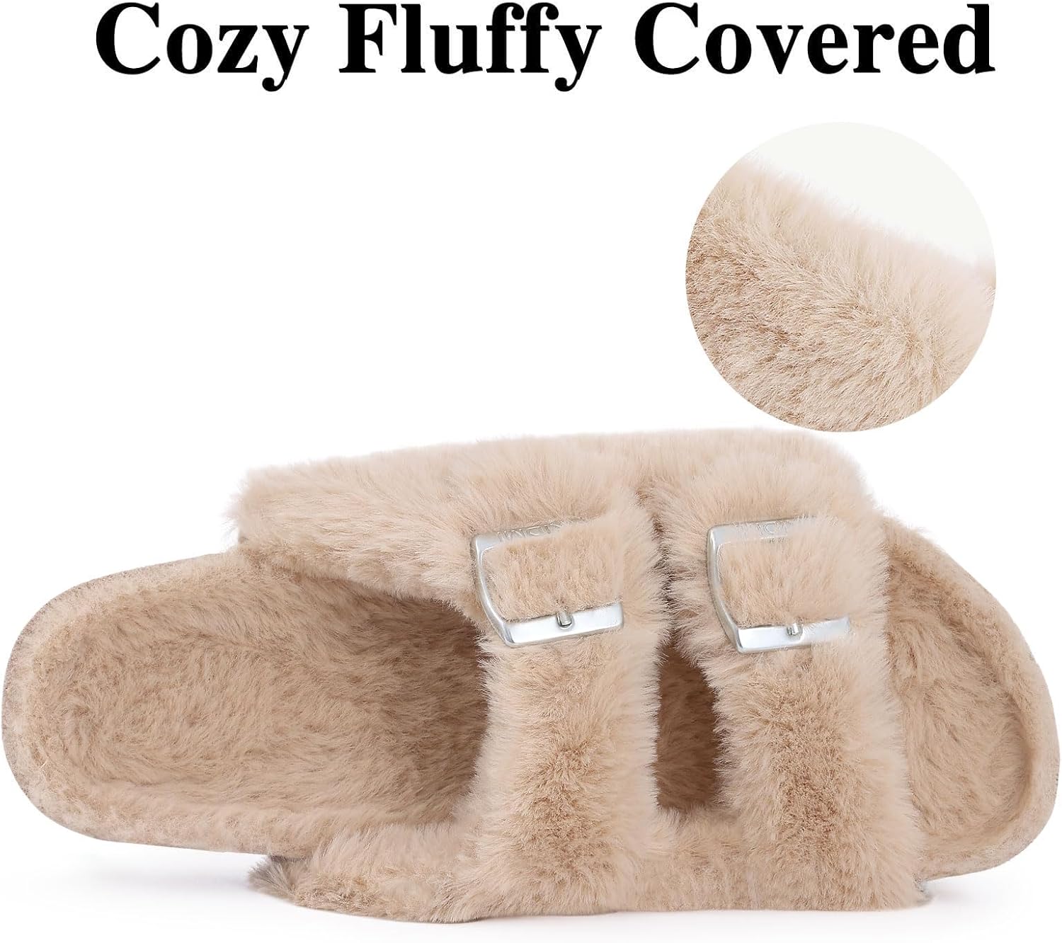 KIDMI Fuzzy Slippers Women with Cork Footbed Fluffy Slides Open Toe Indoor House Shoes | Arch Support | Adjustable Buckles - Image 5