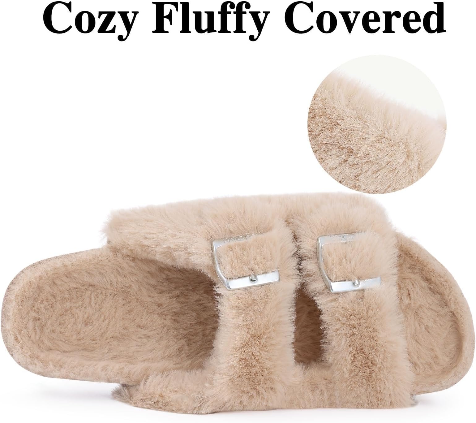 KIDMI Fuzzy Slippers Women with Cork Footbed Fluffy Slides Open Toe Indoor House Shoes | Arch Support | Adjustable Buckles