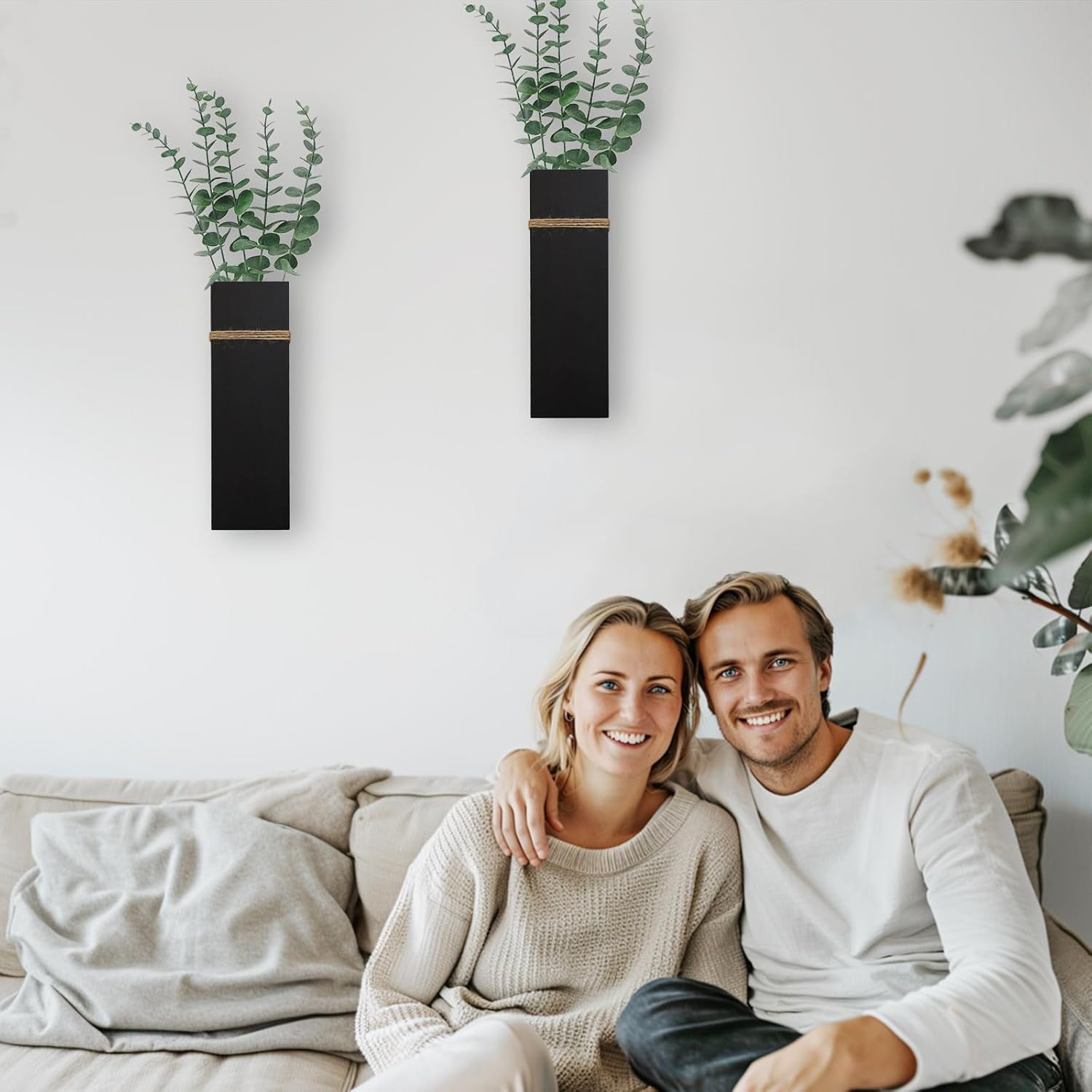 Wall Planters for Indoor Plants - 4 Pack Wood Wall Vases for Dried Flowers & Artificial Plants Modern Farmhouse Wooden Vase for Living Room Bedroom Kitchen Decorations - Black