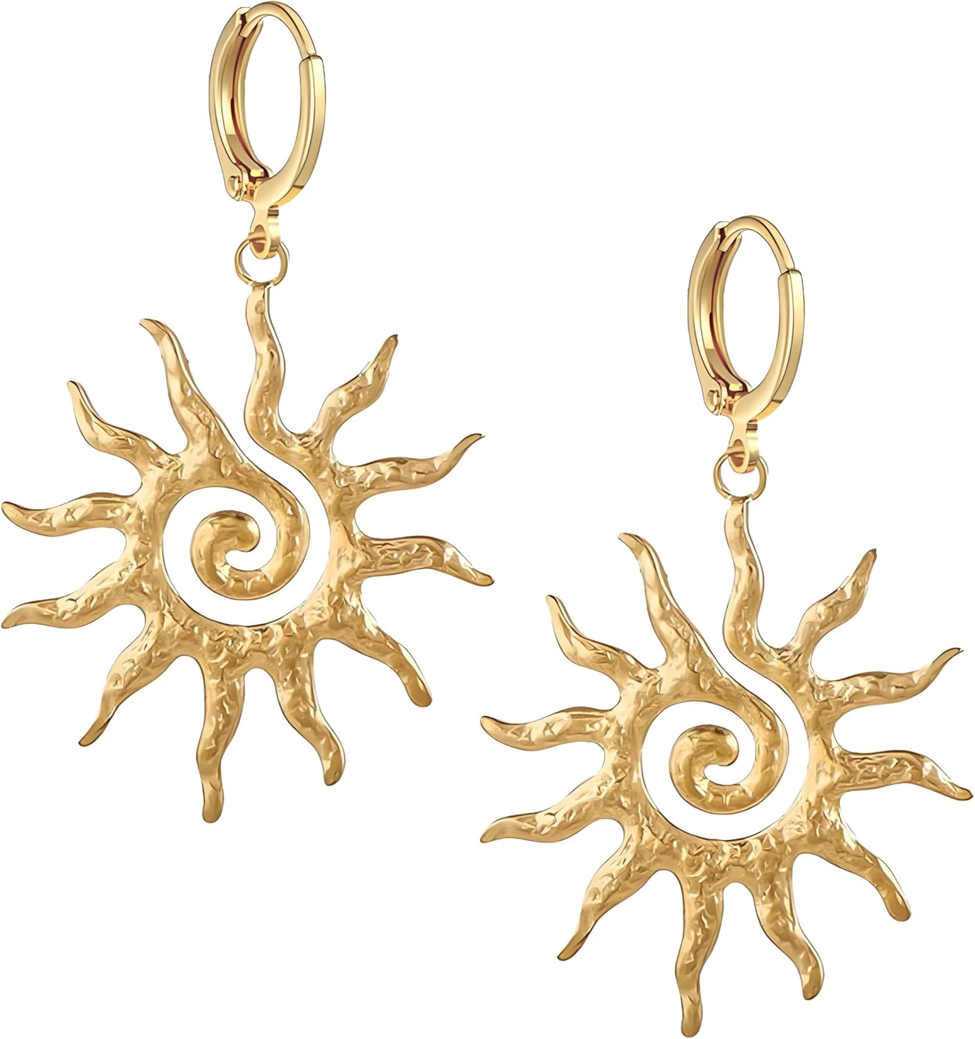 Dreuyet Golden Sun Huggie Hoop Earrings for Women Chunky Spiral Sun Dangle Earrings Lightweight Statement Prom Party Accessories Jewelry Gifts