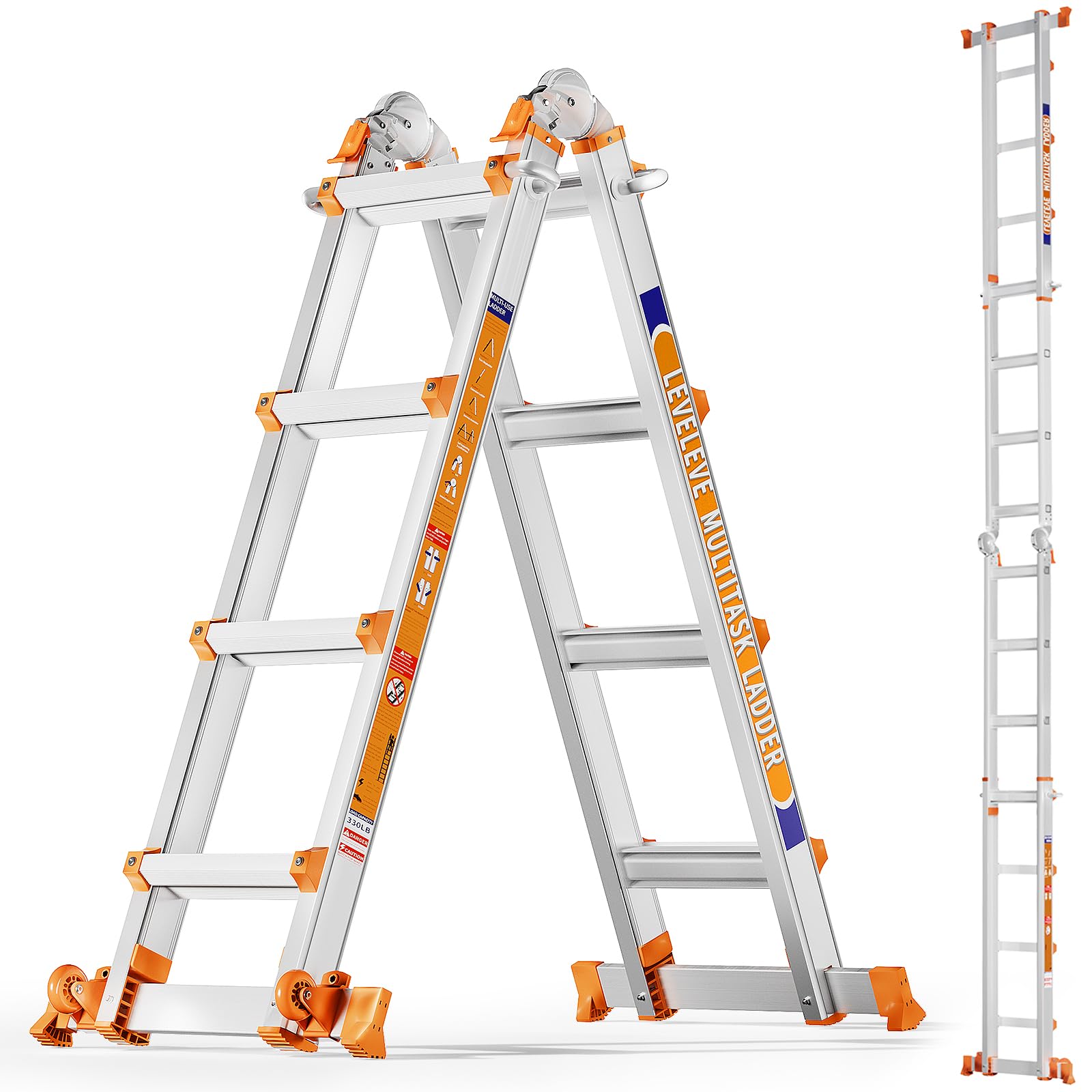 Multiple Positions 4 Step Ladder, 4.2 m Sliding Ladder with Stabiliser and Wheels, 150 kg Safety Load, One Frame Ladder for Stairs, Home, Indoor, Outdoor, Roof