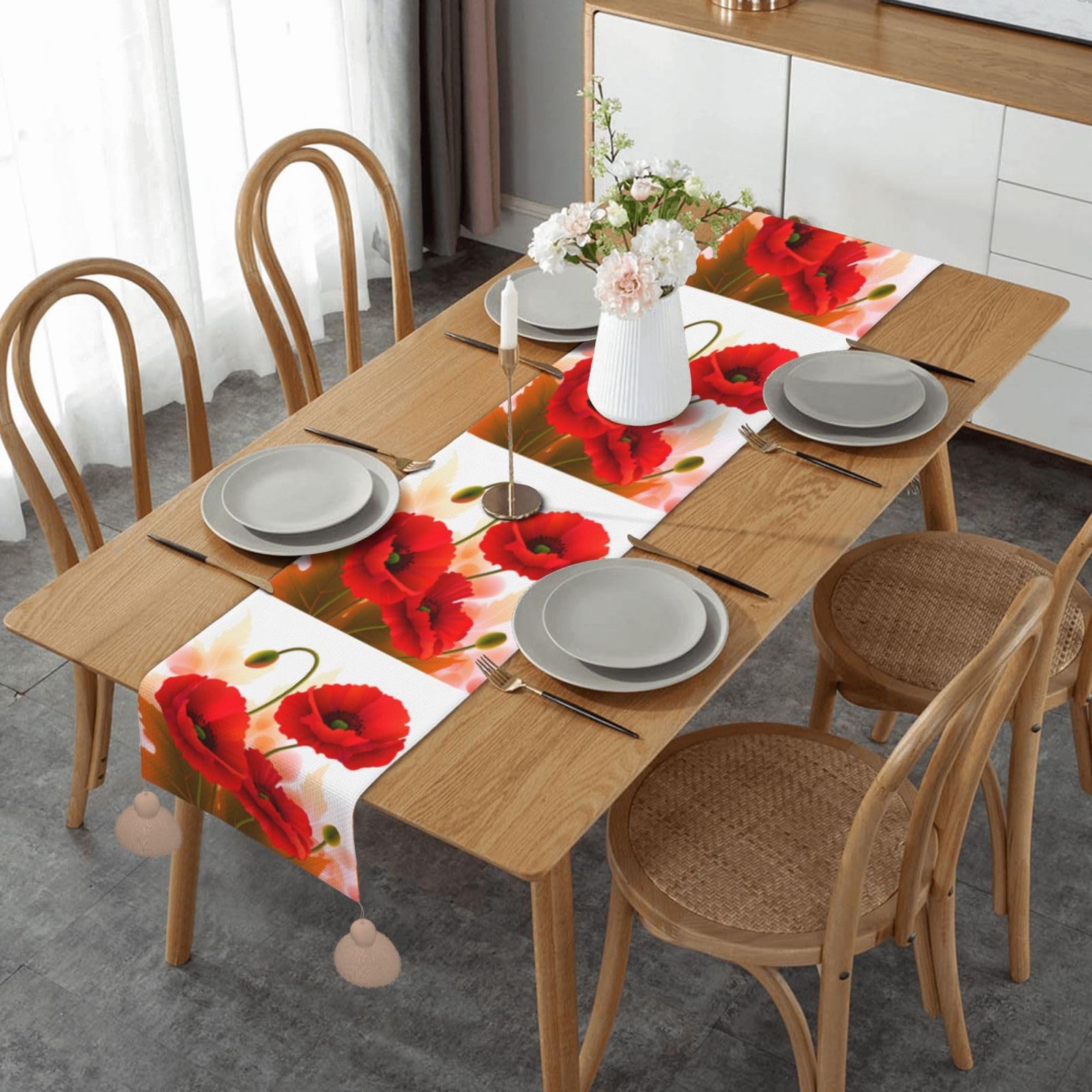 Chemin de table rustique à fleurs vives 35x152 cm avec pampilles