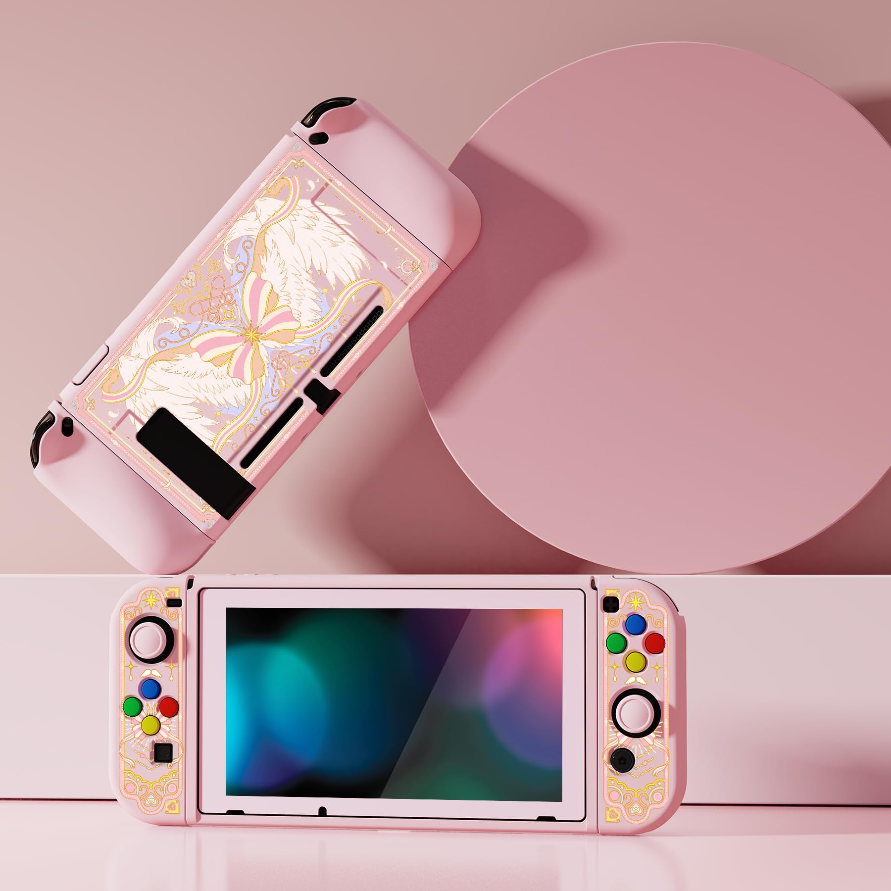 playvital ZealProtect Soft Protective Case for Nintendo Switch, Flexible Cover Protector for Switch with Tempered Glass Screen Protector & Thumb Grips & ABXY Direction Button Caps - Magic Wings - 3