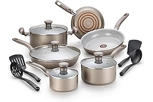 T-fal Initiatives Ceramic Nonstick Cookware 14 Piece Oven Safe 350F Pots and Pans in Gold